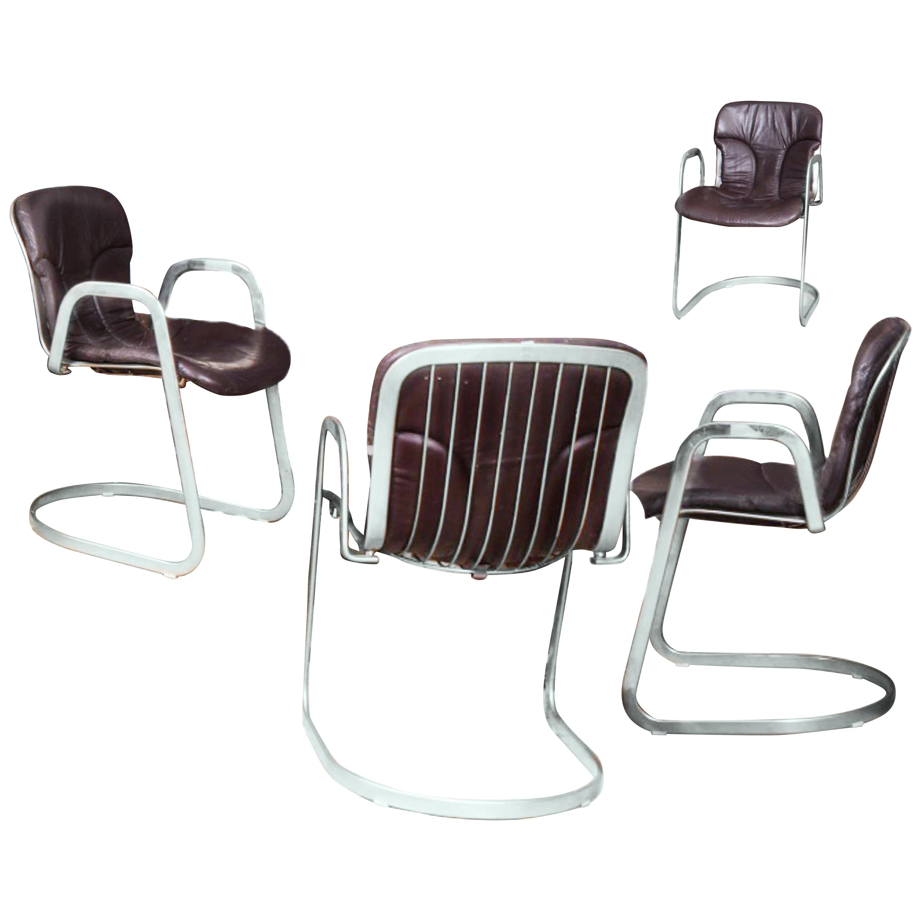 Willy Rizzo for Cidue Italia Postmodern Chrome and Leather Dining Side Armchairs