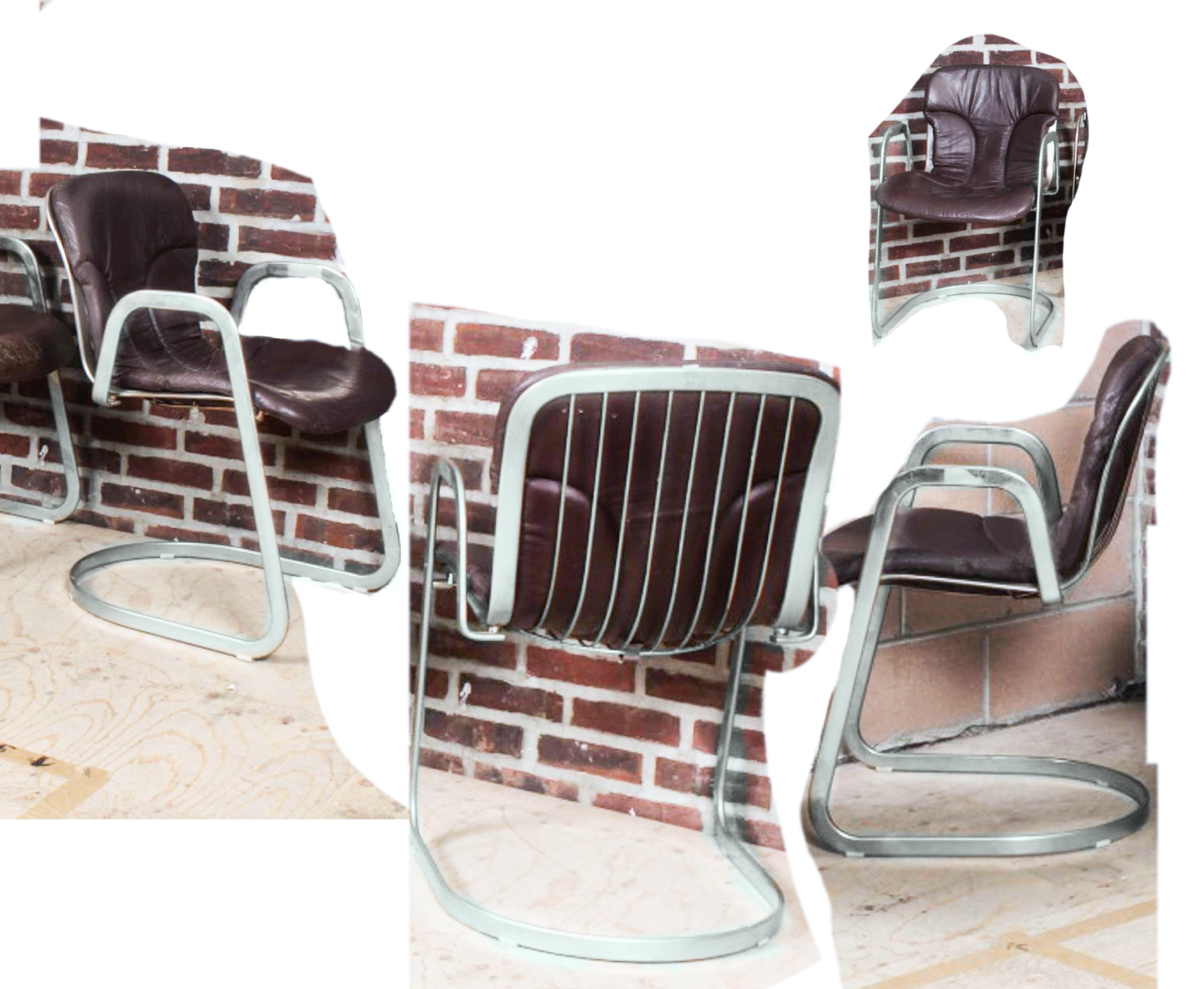 Post-Modern Willy Rizzo for Cidue Italia Postmodern Chrome and Leather Dining Side Armchairs