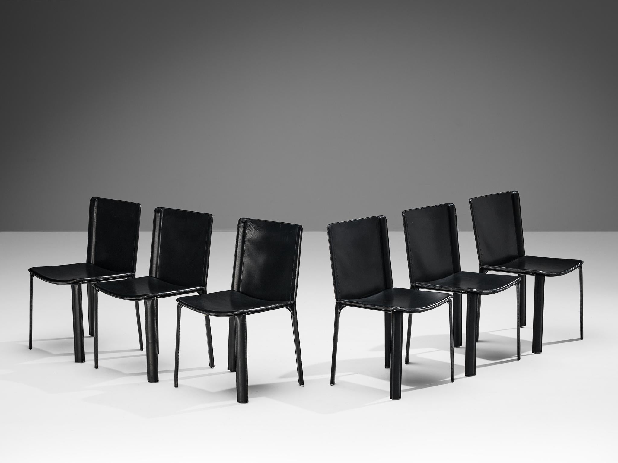 Willy Rizzo for Cidue, set of six chairs, leather, Italy, 1980s

These all-black leather dining chairs are designed by Willy Rizzo for Cidue in the 1980s. The monotone use of materials in this design creates an imposing and sober set of chairs.