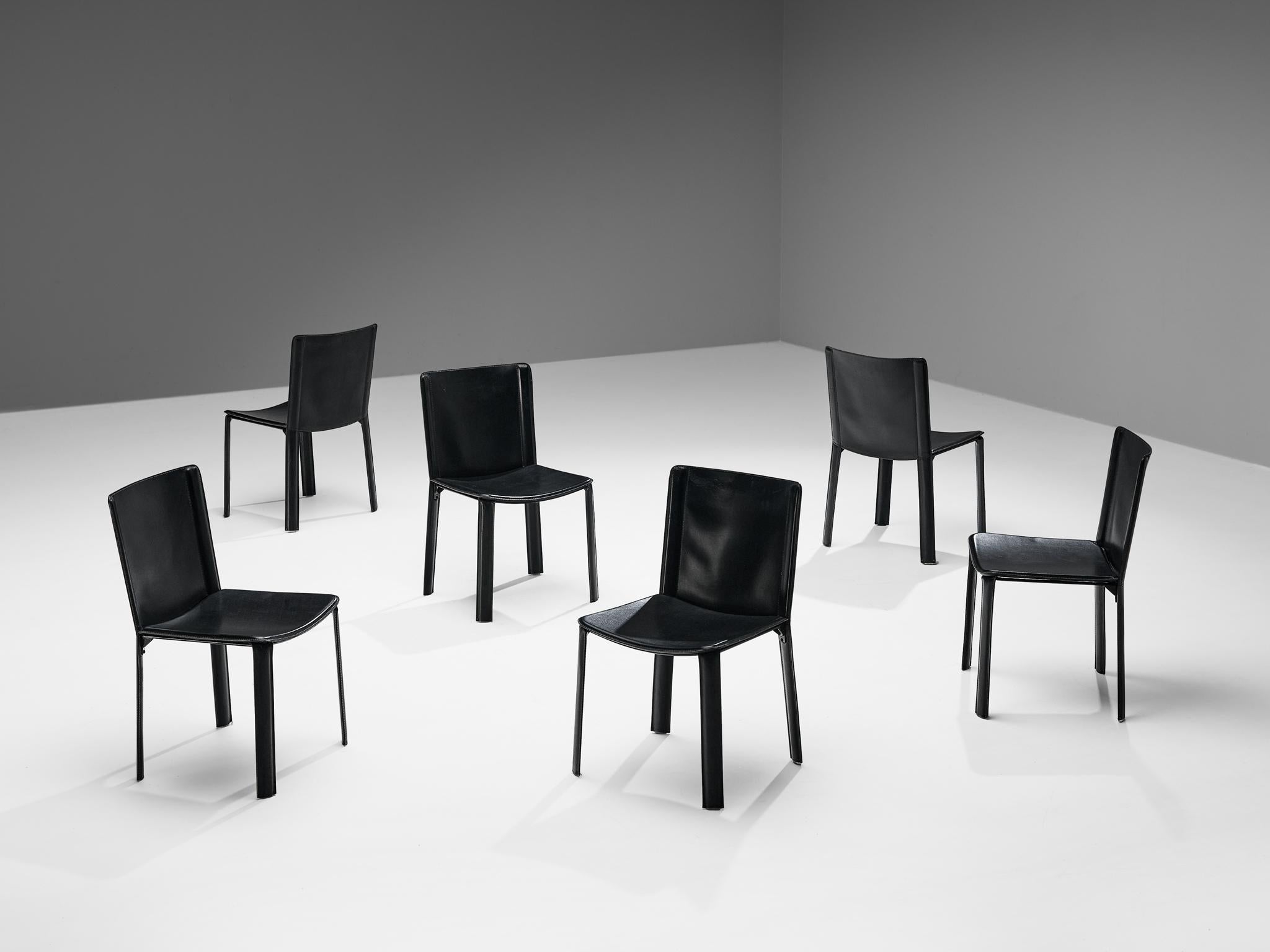 Italian Willy Rizzo for Cidue Set of Six Dining Chairs in Black Leather