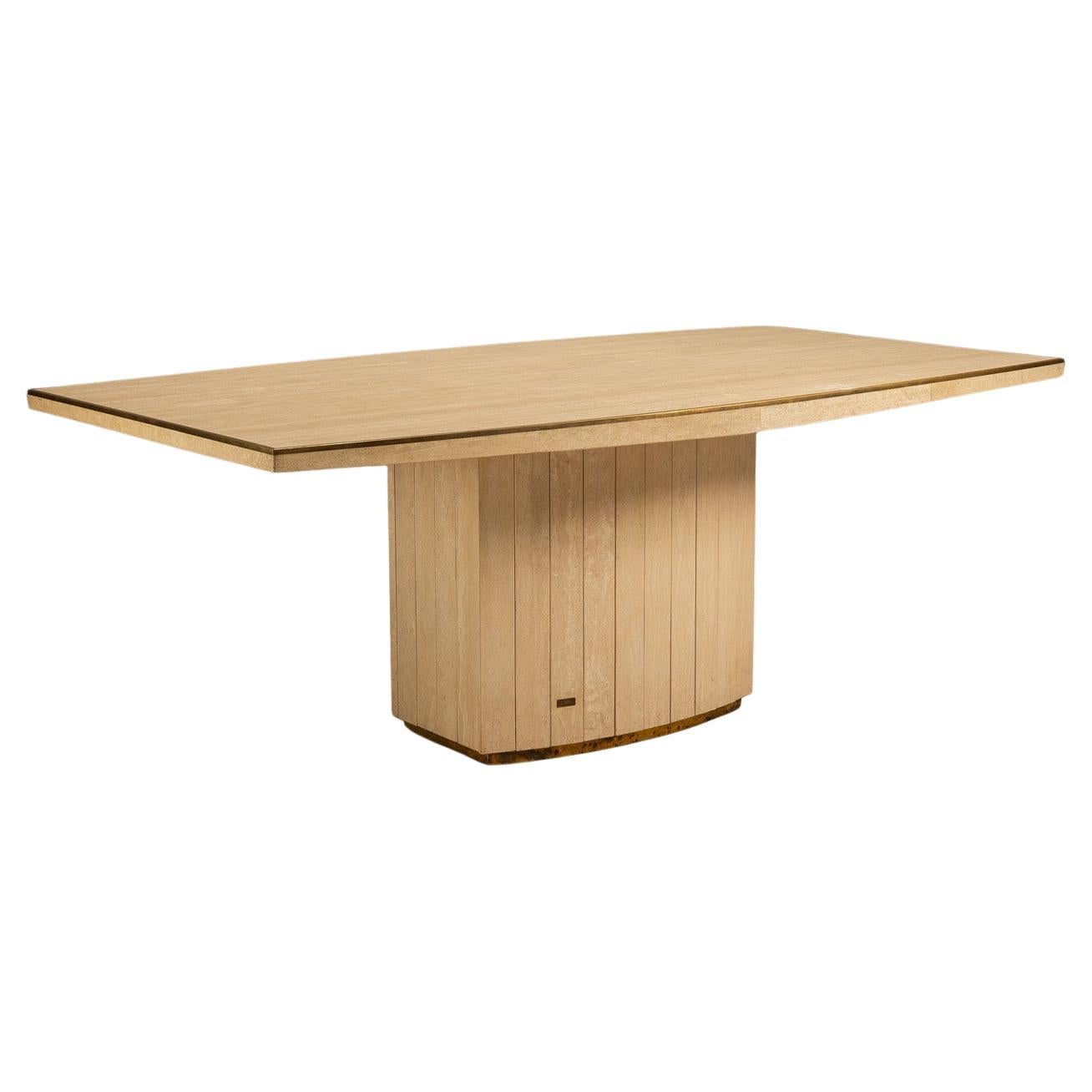 Willy Rizzo for Jean Charles Travertine and Brass Dining Table, France 1970s en venta