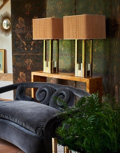 Willy Rizzo for Lumica 1970s, brass and cream enamel lamps with original shades