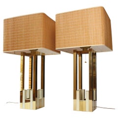 Willy Rizzo for Lumica 1970s, brass and cream enamel lamps with original shades