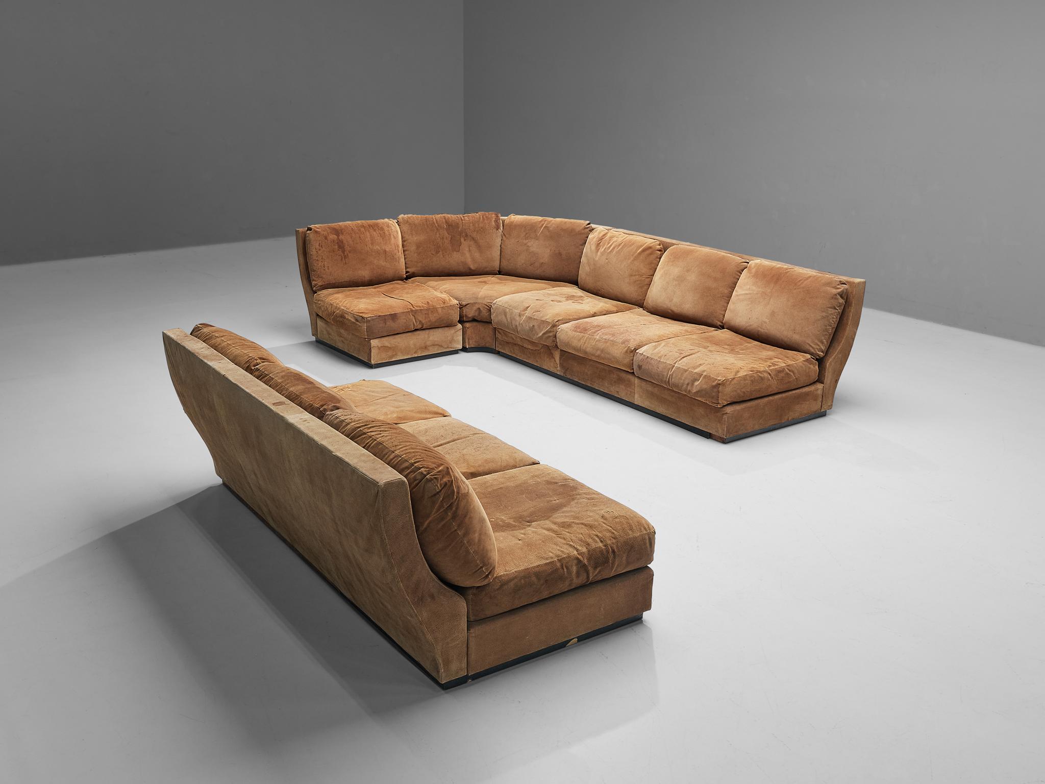 Italian Willy Rizzo for Mario Sabot Sectional Corner Sofa in Cognac Suede