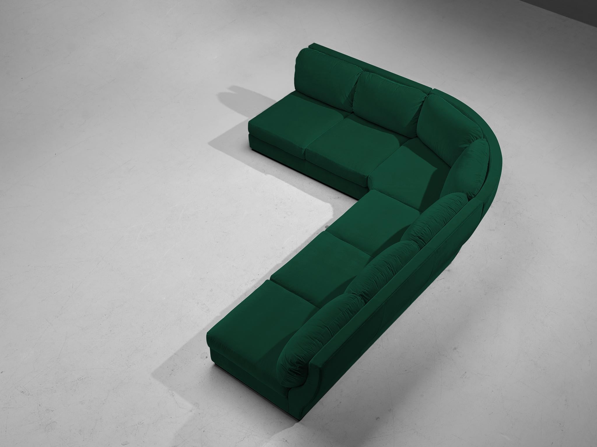 Willy Rizzo for Mario Sabot, sectional corner sofa, Kvadrat Harald 3 - 0952, wood, Italy, 1970s.

This rare sofa is designed by Willy Rizzo in the 1970s. This alignment consists of six elements. The cushions as well as the frame are upholstered in a