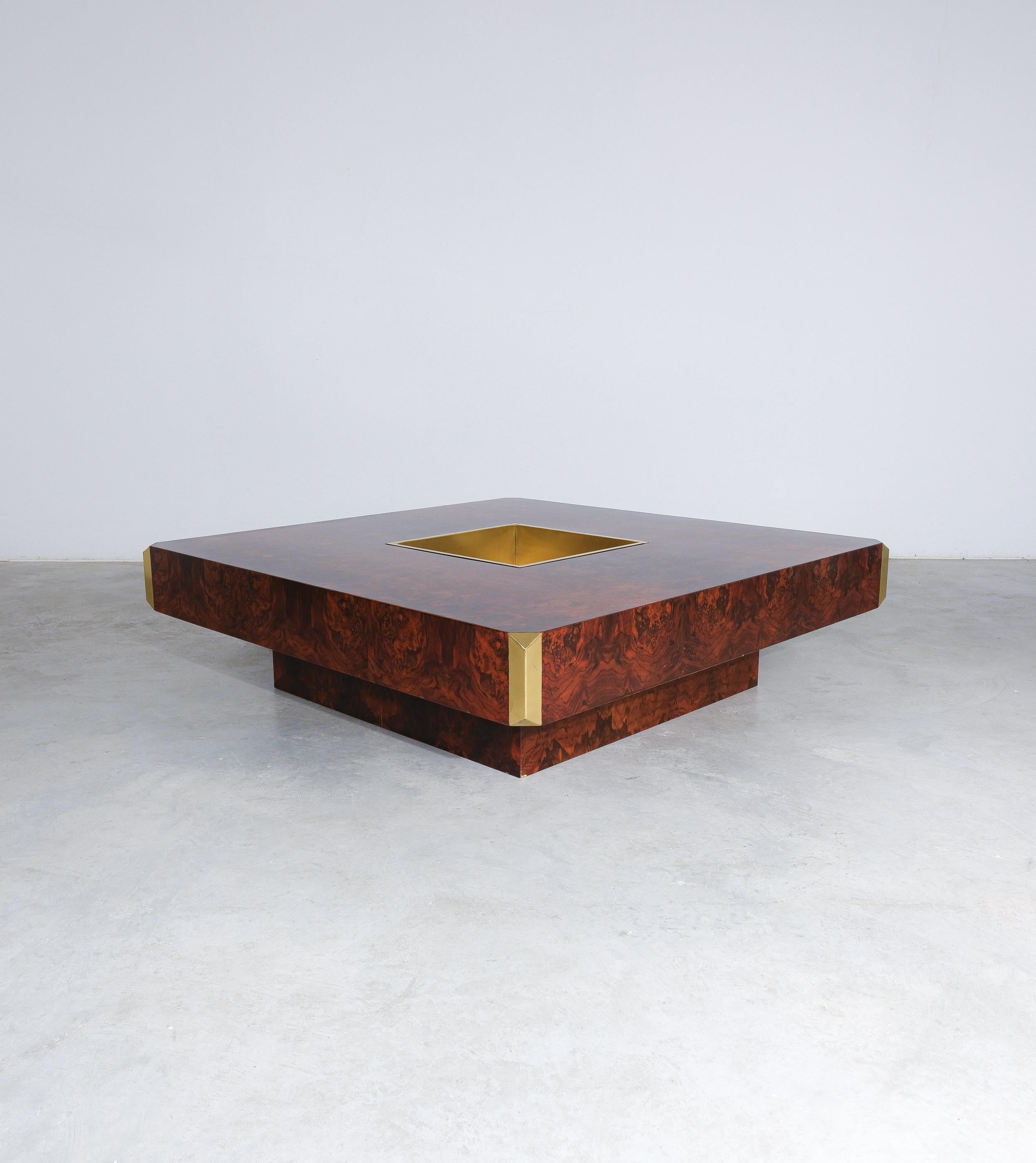 French Willy Rizzo for Mario Sabot Vintage Alveo Square Coffee Table Burlwood 1972