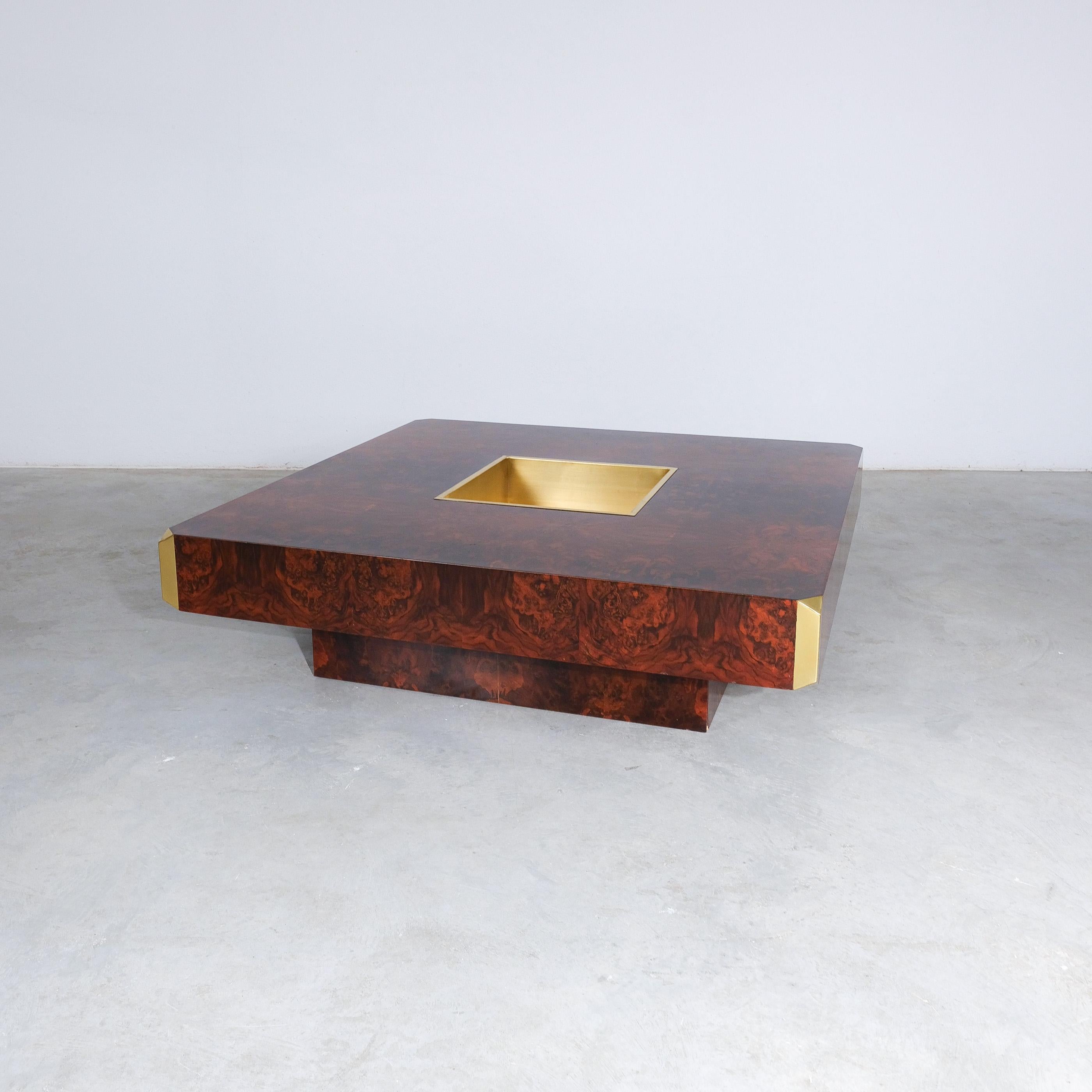 Brass Willy Rizzo for Mario Sabot Vintage Alveo Square Coffee Table Burlwood 1972