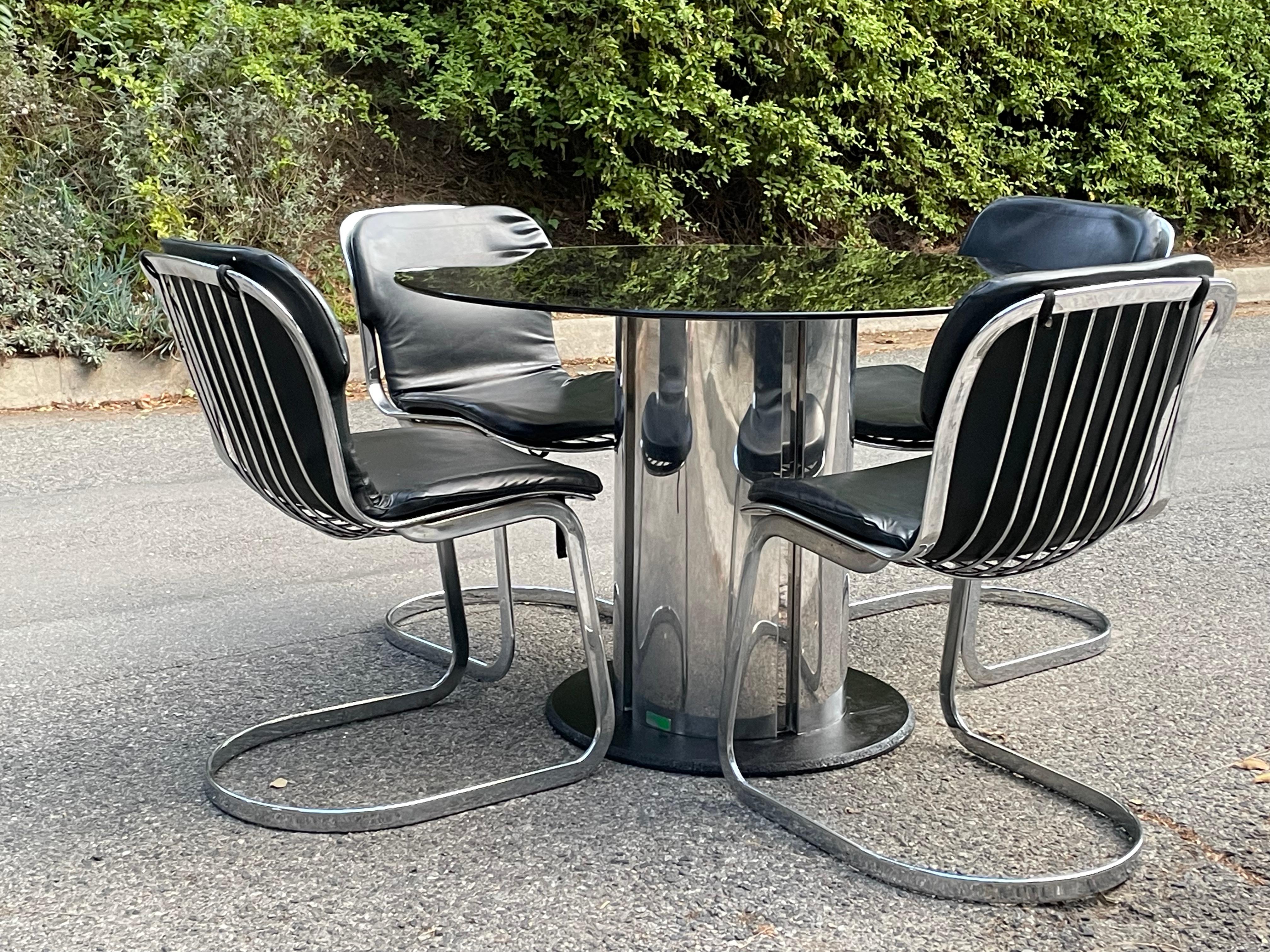 Mid-Century Modern Willy Rizzo Four Chrome & Black Dining Chairs for Cidue, Italy 1970s