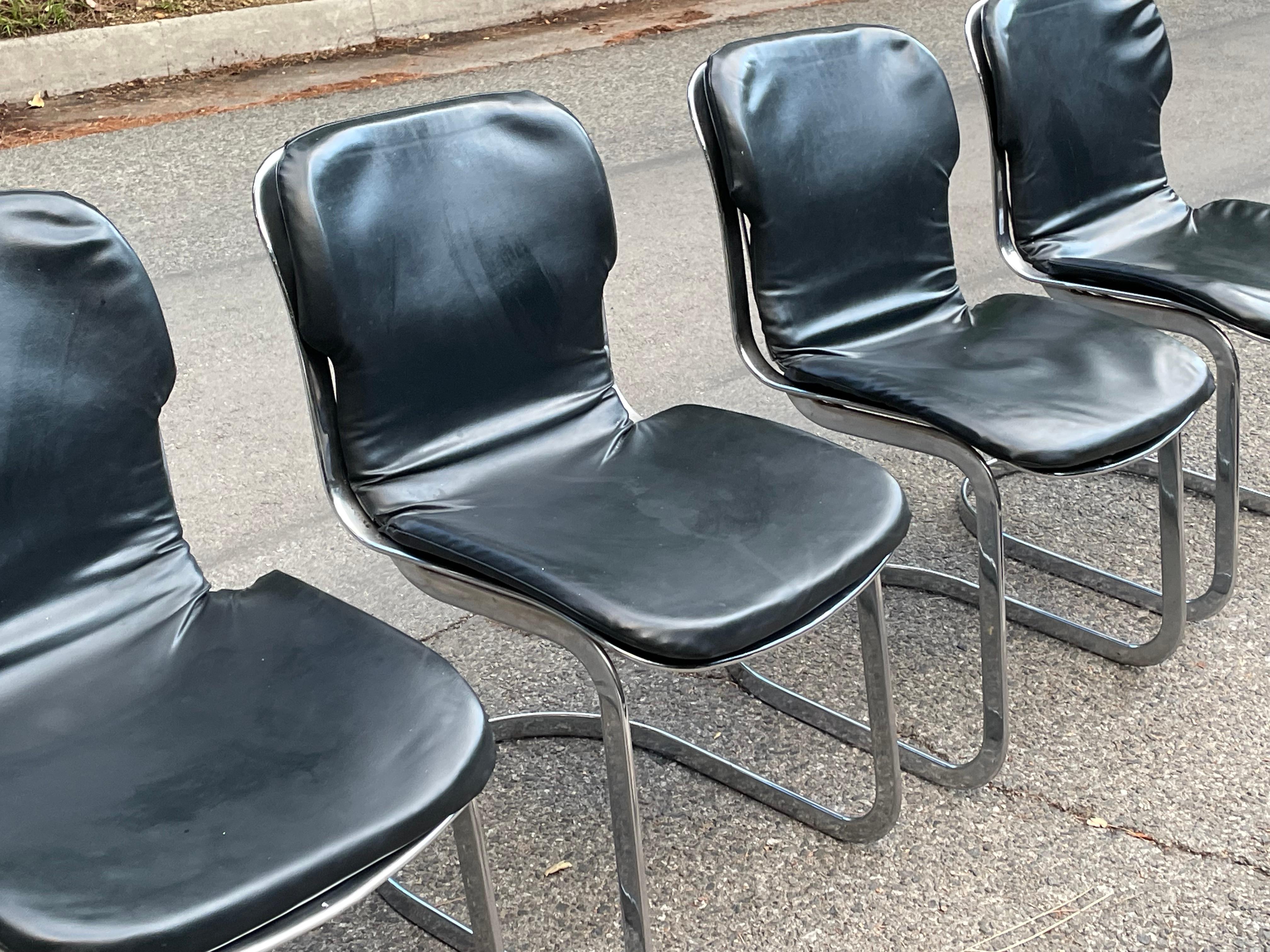 Mid-20th Century Willy Rizzo Four Chrome & Black Dining Chairs for Cidue, Italy 1970s