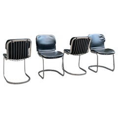 Willy Rizzo Four Chrome & Black Dining Chairs for Cidue, Italy 1970s