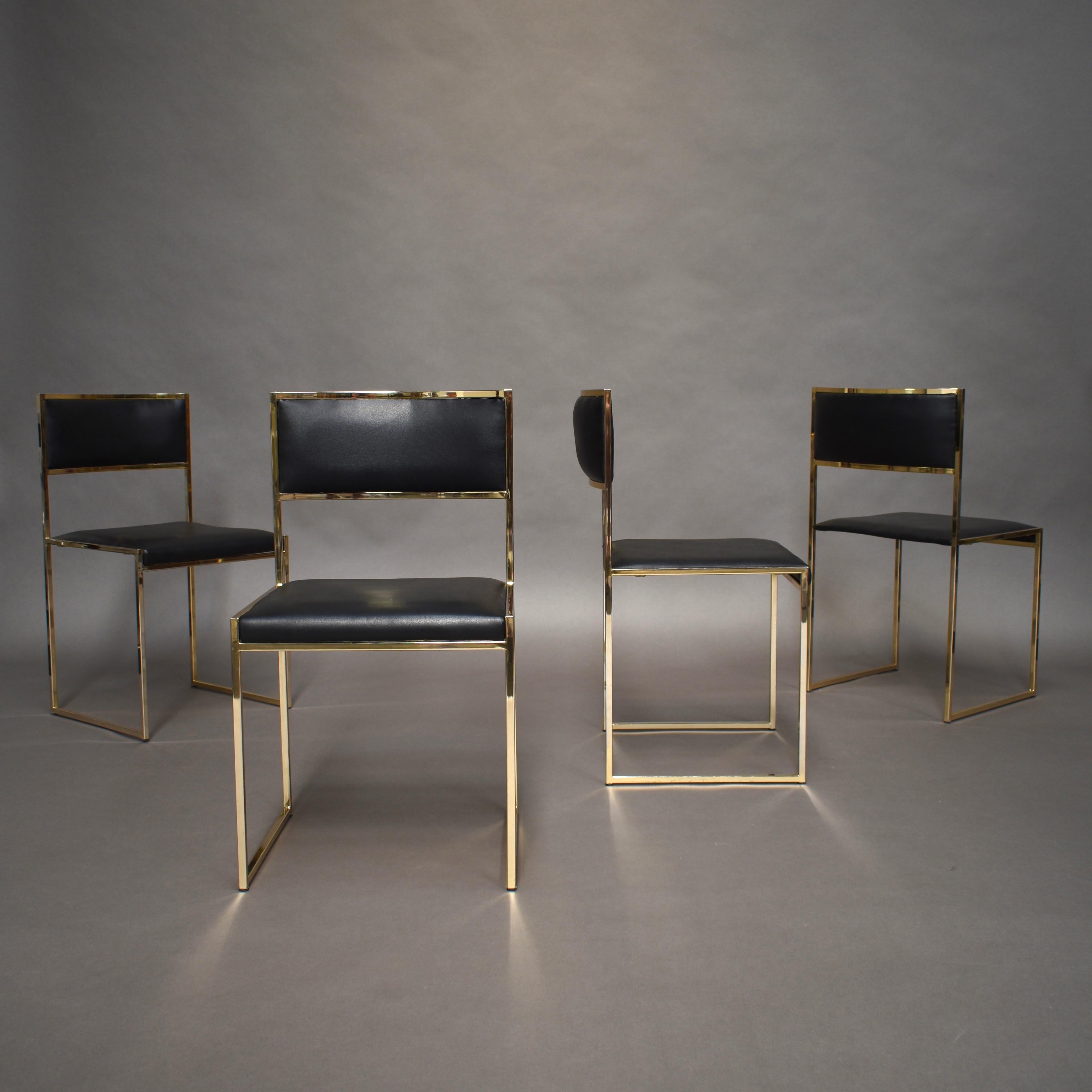 Exclusive and rare set of four gold-plated dining chairs by Willy Rizzo, Italy, circa 1970. Recently imported from Milan.

The chairs have been taken apart and completely polished to give them the original look back. Seats and backrests have been