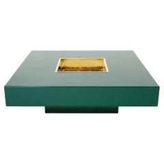 Willy Rizzo Green Lacquer and Brass Bar Coffee Table, 1970s