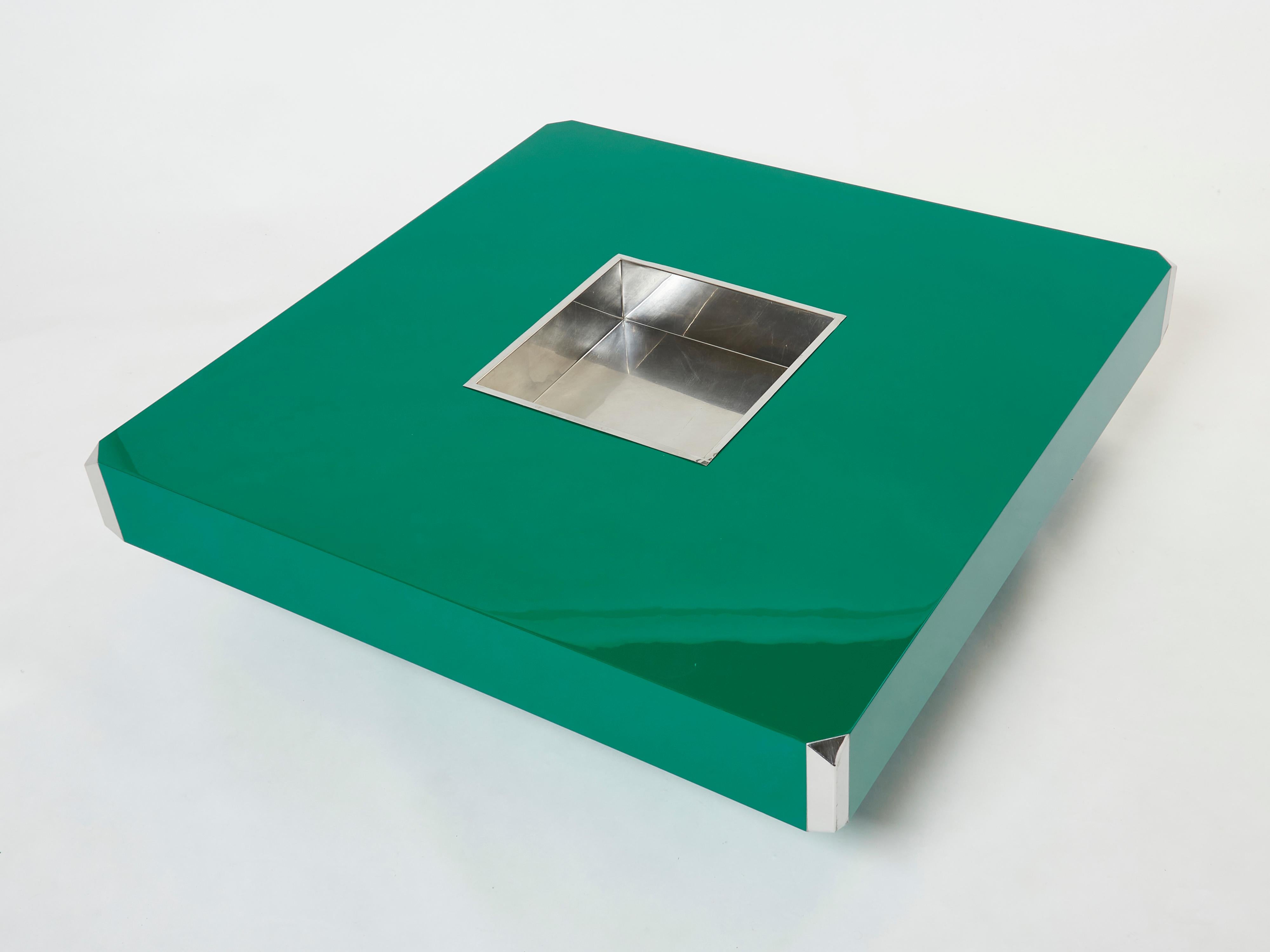 Mid-Century Modern Table basse de bar carrée en laque verte et chrome Willy Rizzo Alveo 1970 en vente