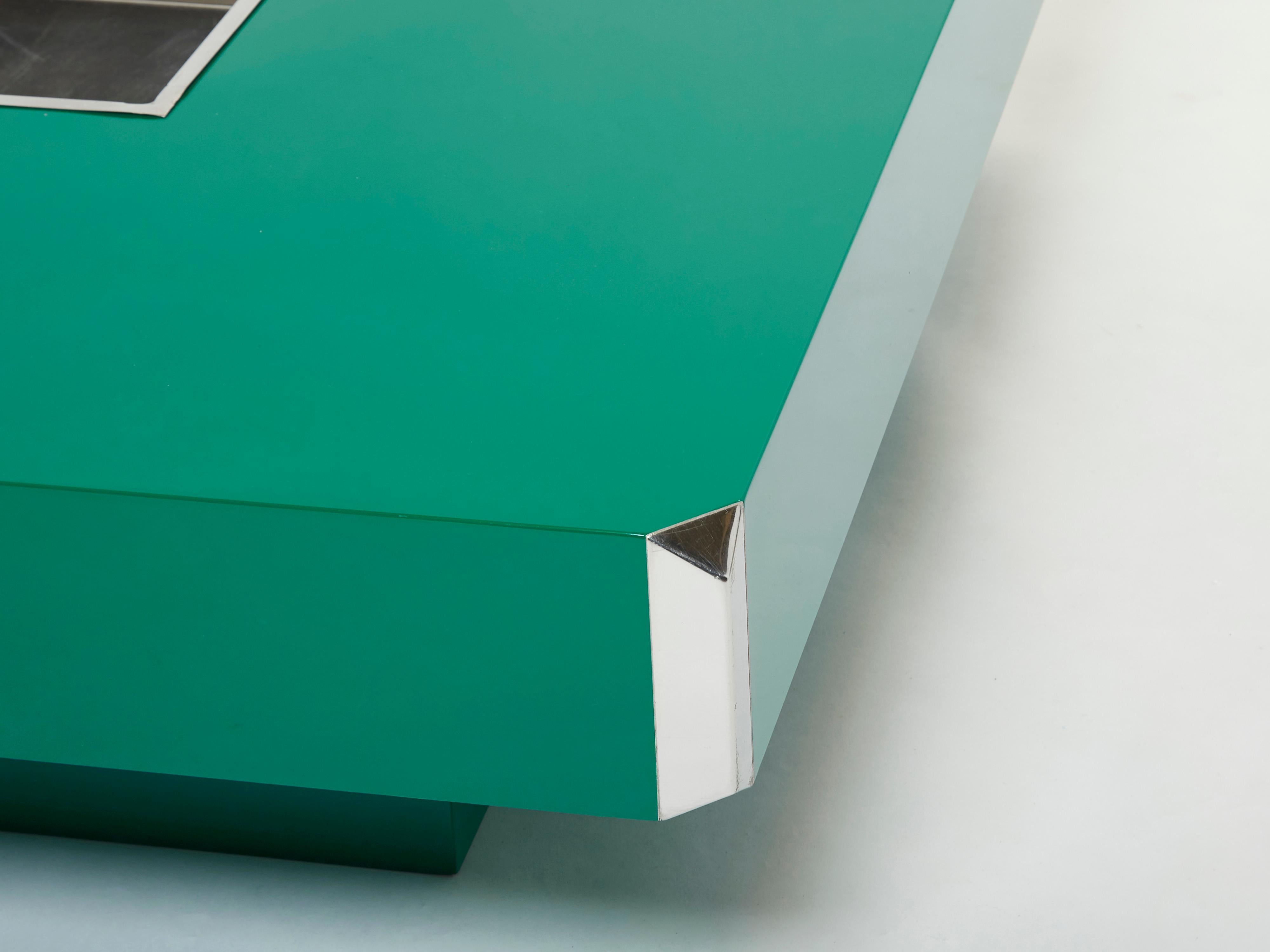 italien Table basse de bar carrée en laque verte et chrome Willy Rizzo Alveo 1970 en vente