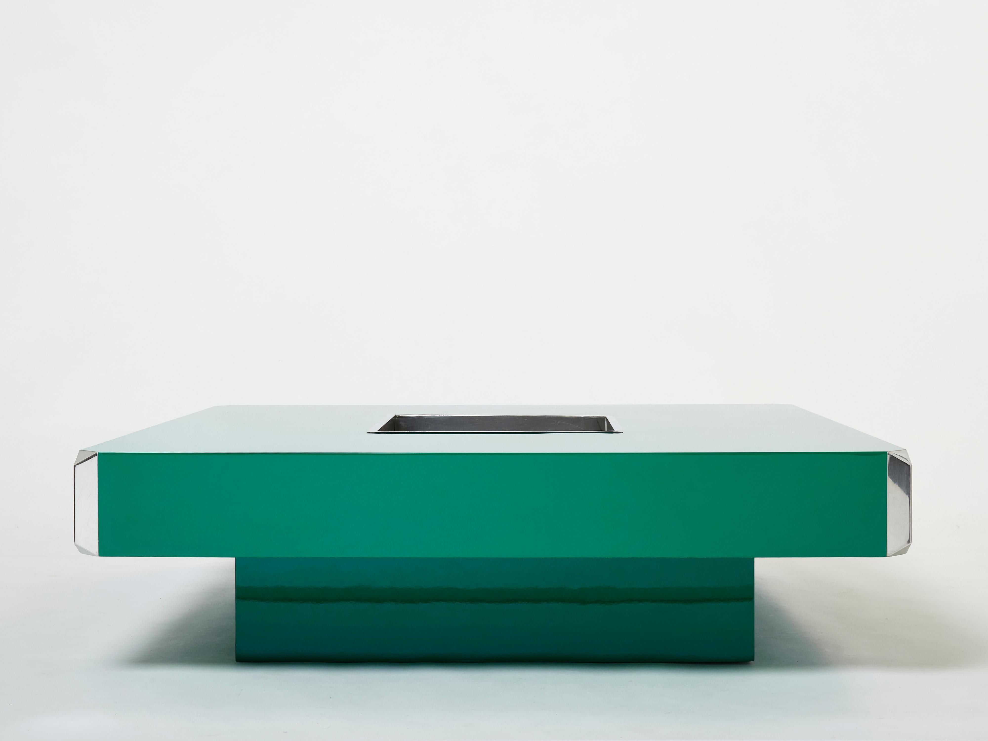 Willy Rizzo Green Lacquer and Chrome Square Bar Coffee Table Alveo 1970s In Good Condition For Sale In Paris, IDF