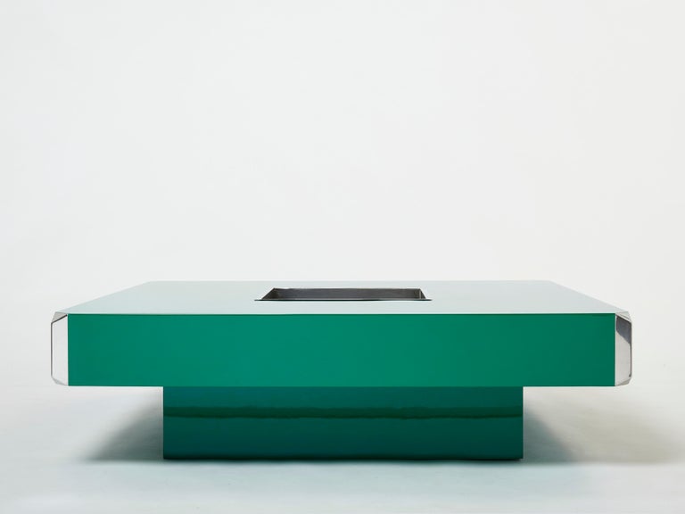 Willy Rizzo Green Lacquer and Chrome Square Bar Coffee Table Alveo 1970s In Good Condition For Sale In Paris, FR