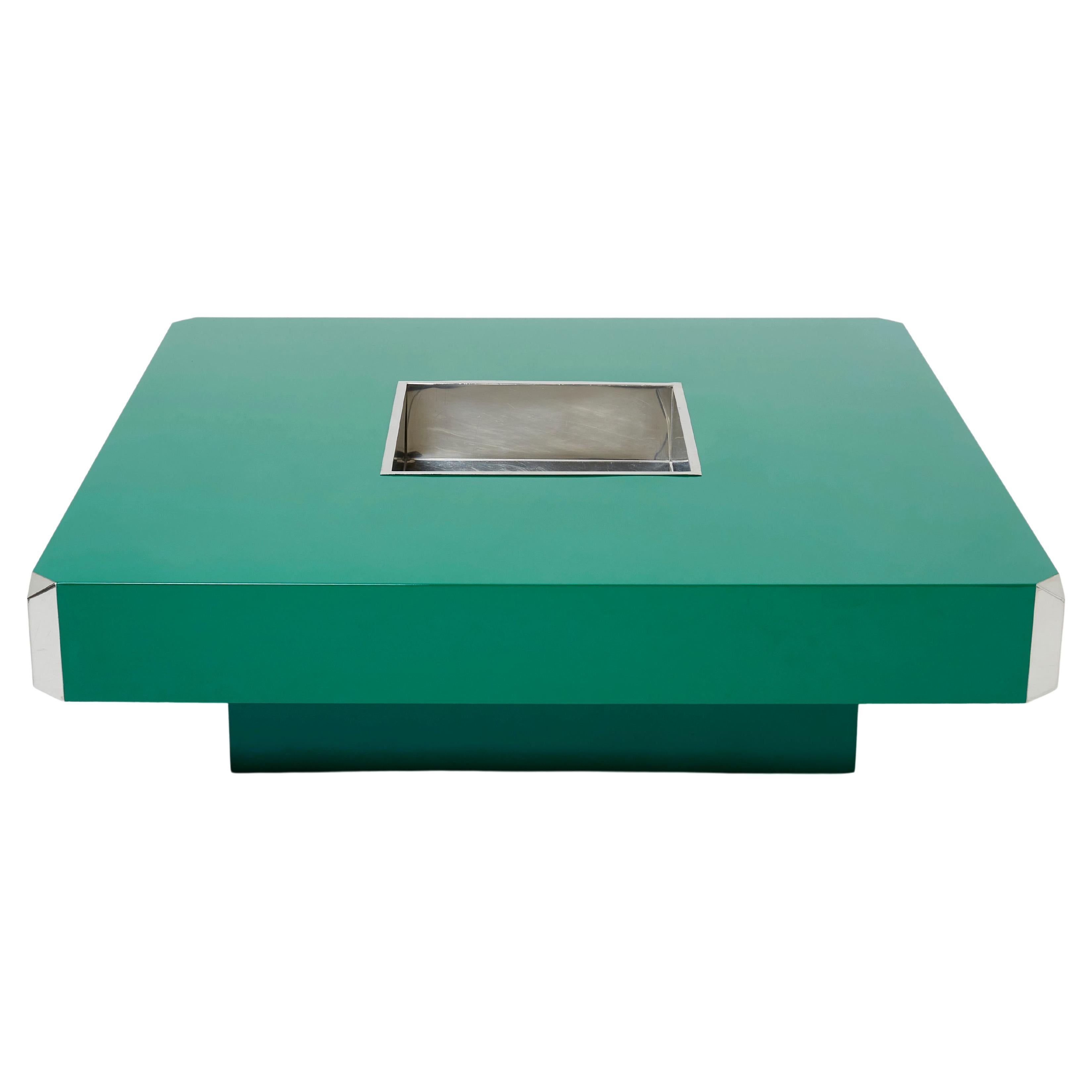 Willy Rizzo Green Lacquer and Chrome Square Bar Coffee Table Alveo 1970s