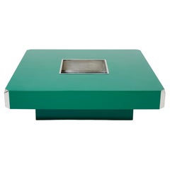 Willy Rizzo Green Lacquer and Chrome Square Bar Coffee Table Alveo 1970s