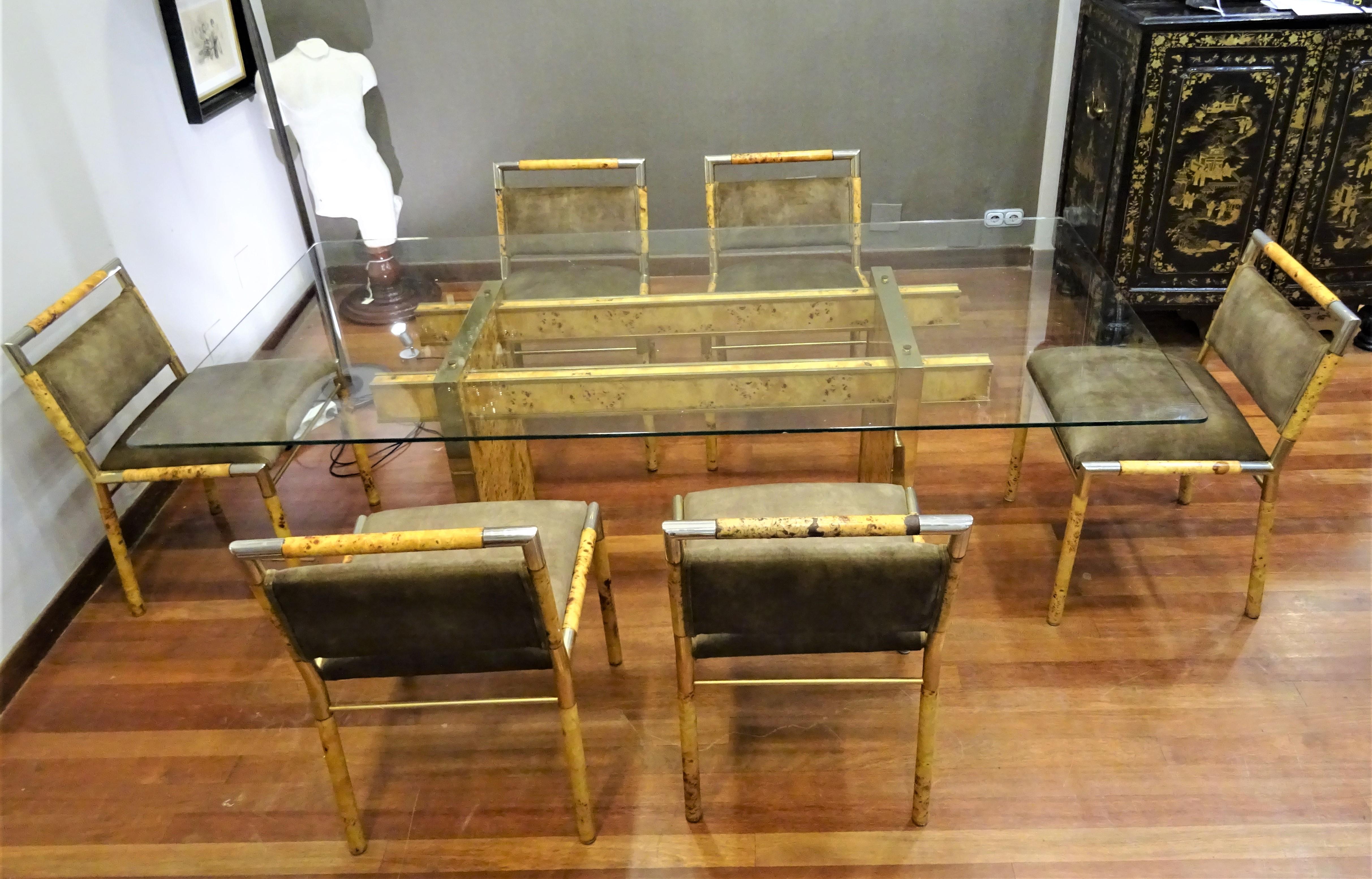 Mid-Century Modern Willy Rizzo Attributed, Italian Dining Room Set, Dining Table and Six Chairs