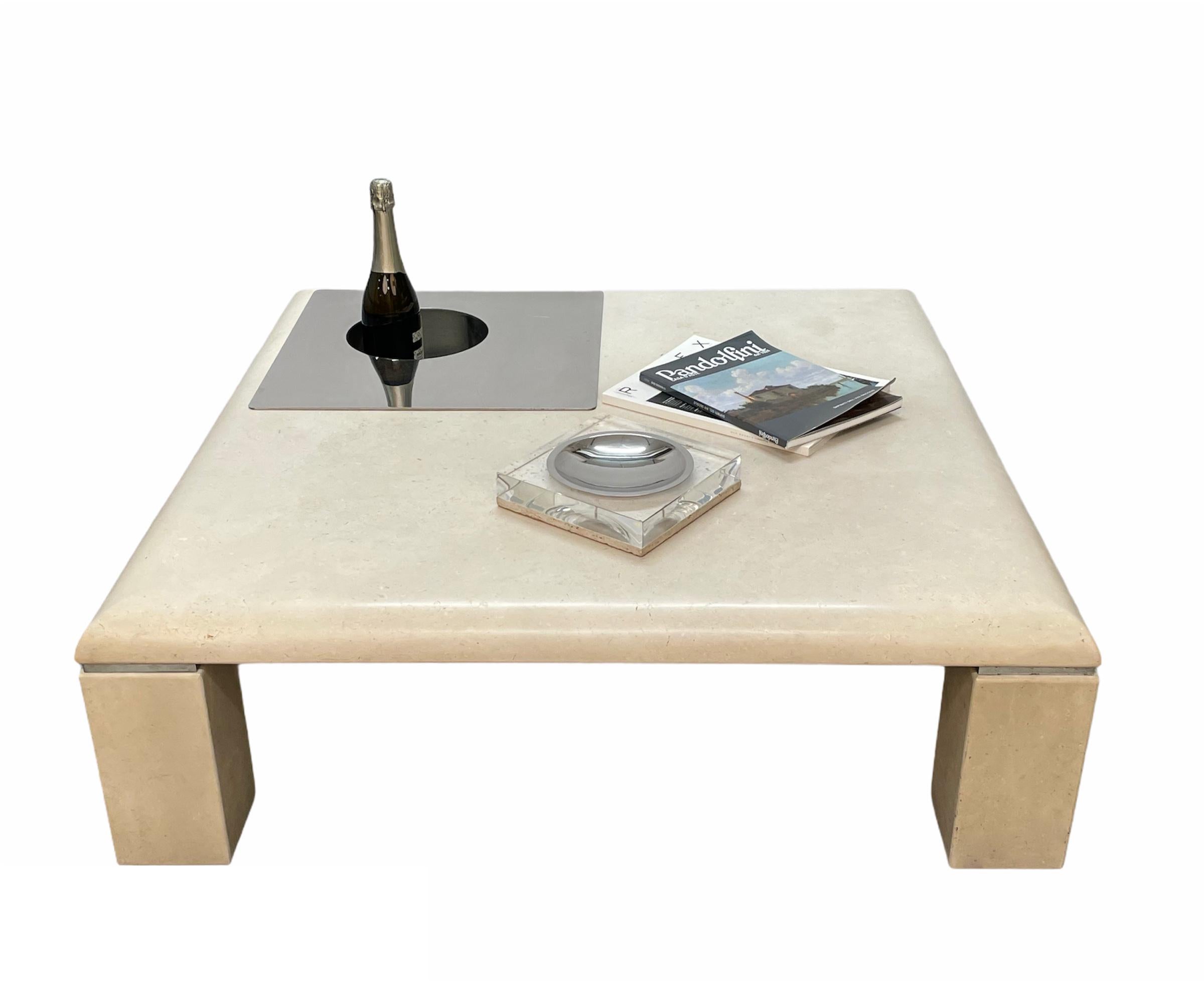 Willy Rizzo Italian Squared White Botticino Marble and Steel Coffee Table, 1970 For Sale 8