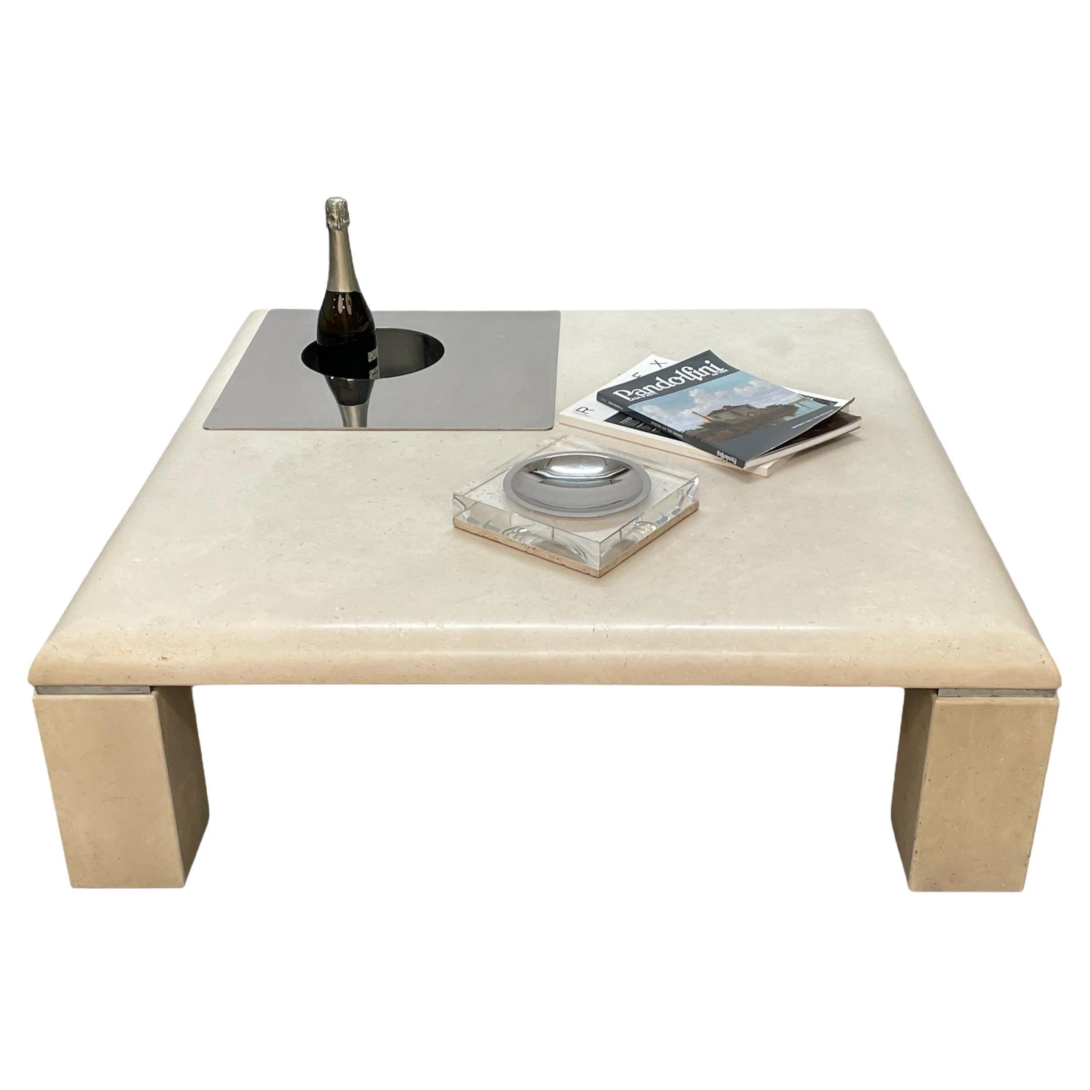 Willy Rizzo Italian Squared White Botticino Marble and Steel Coffee Table, 1970 For Sale 9