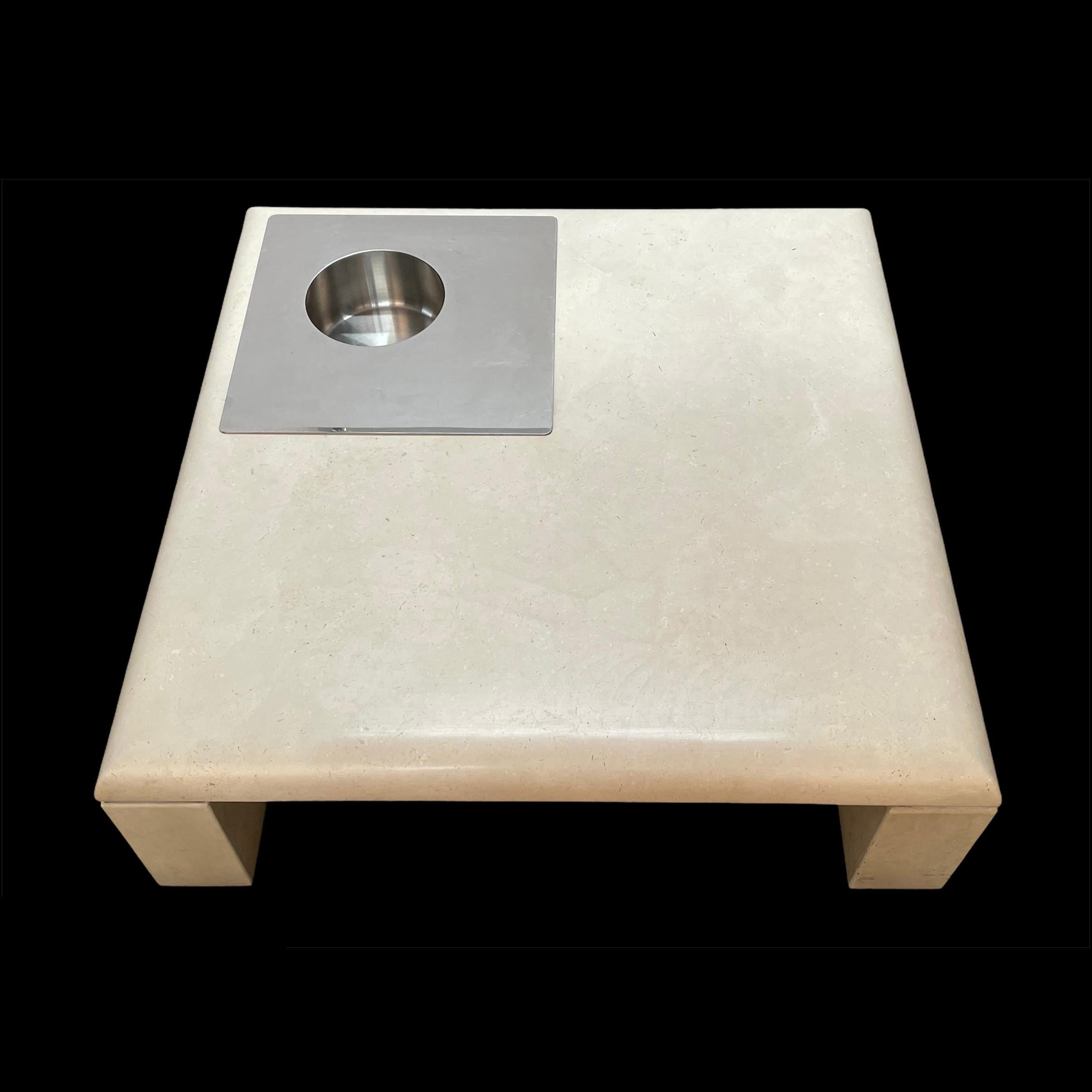 Mid-Century Modern Willy Rizzo Italian Squared White Botticino Marble and Steel Coffee Table, 1970 For Sale