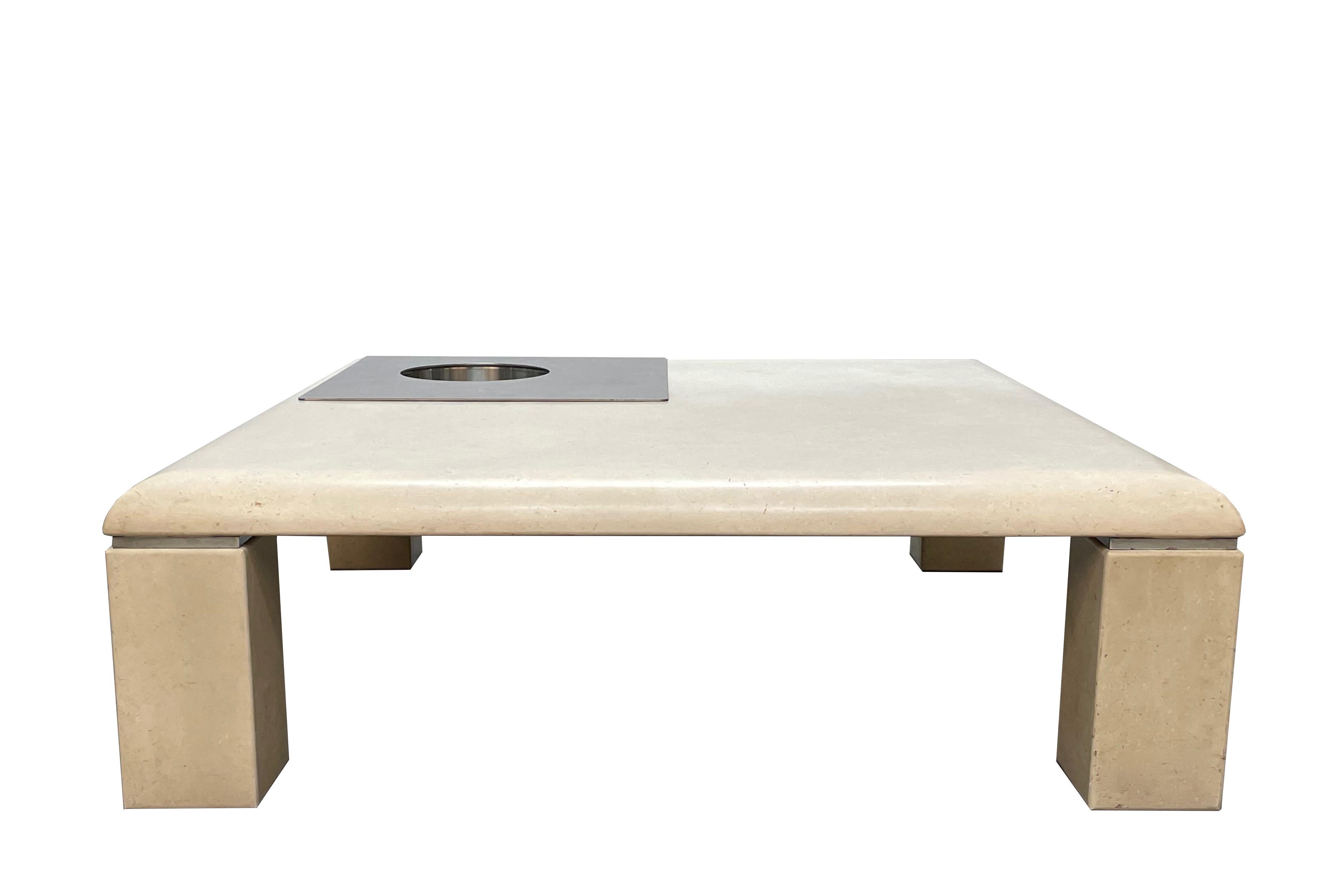 Willy Rizzo Italian Squared White Botticino Marble and Steel Coffee Table, 1970 In Good Condition For Sale In Roma, IT