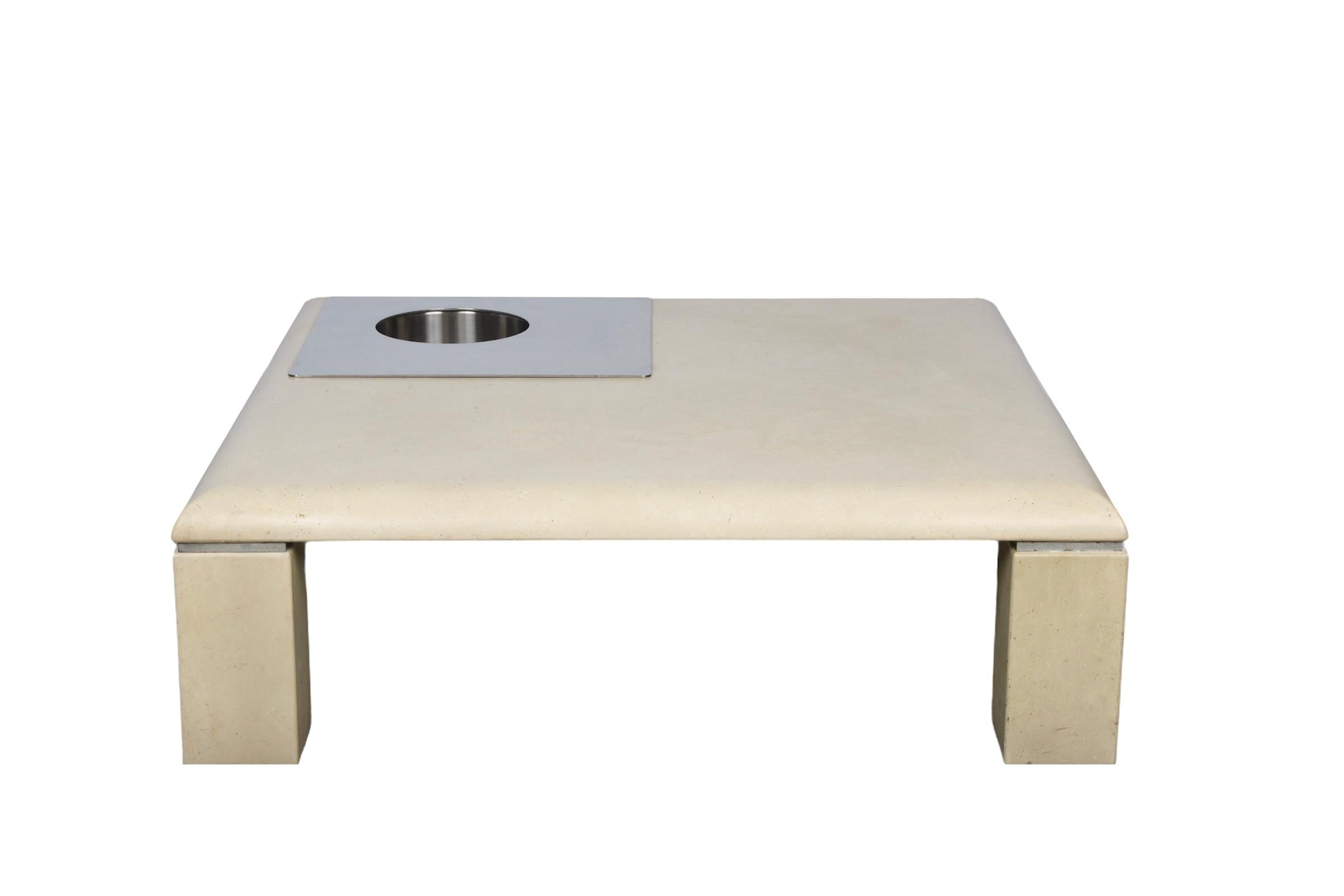 Late 20th Century Willy Rizzo Italian Squared White Botticino Marble and Steel Coffee Table, 1970 For Sale