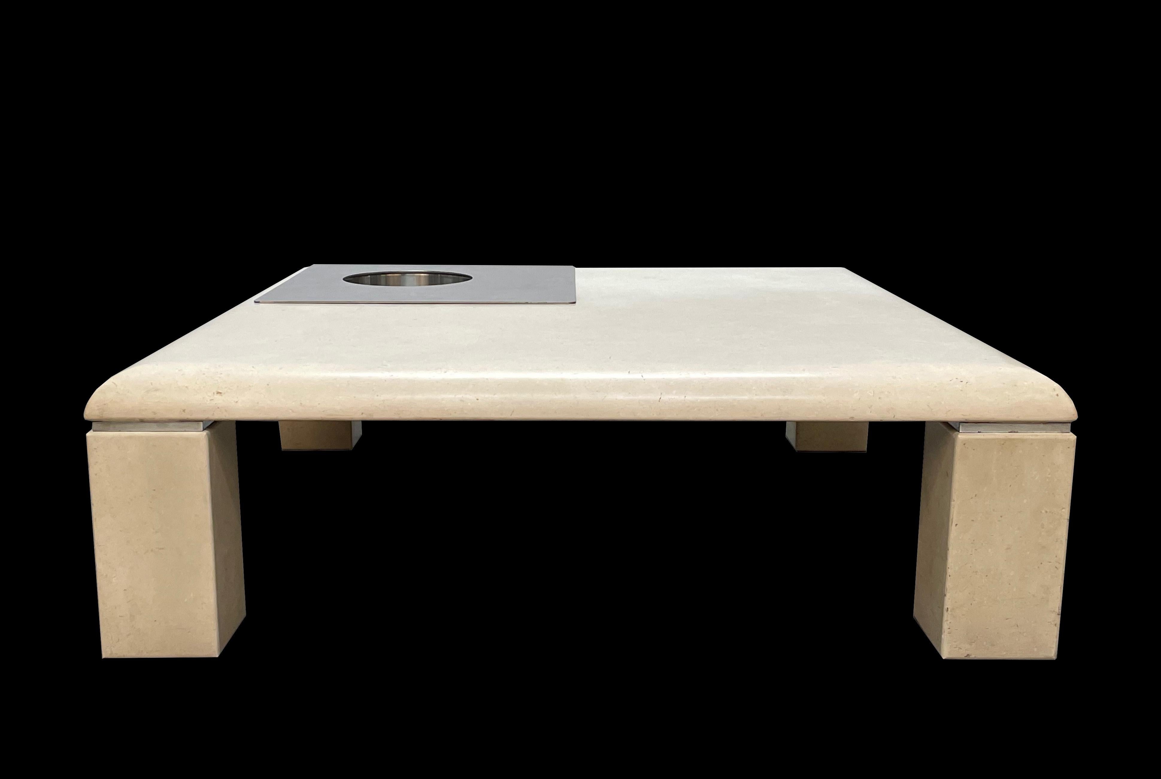 Stainless Steel Willy Rizzo Italian Squared White Botticino Marble and Steel Coffee Table, 1970 For Sale