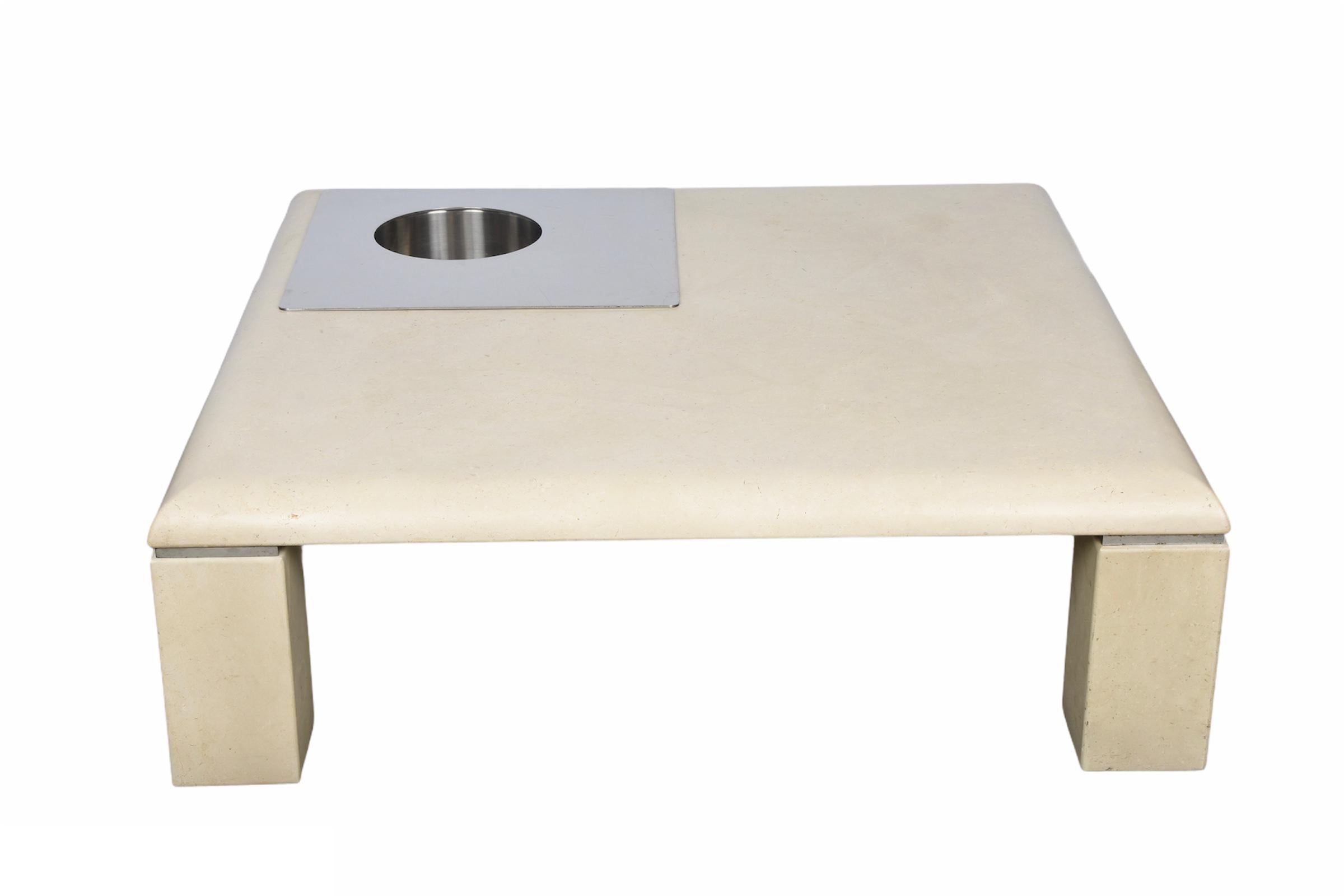 Willy Rizzo Italian Squared White Botticino Marble and Steel Coffee Table, 1970 For Sale 1