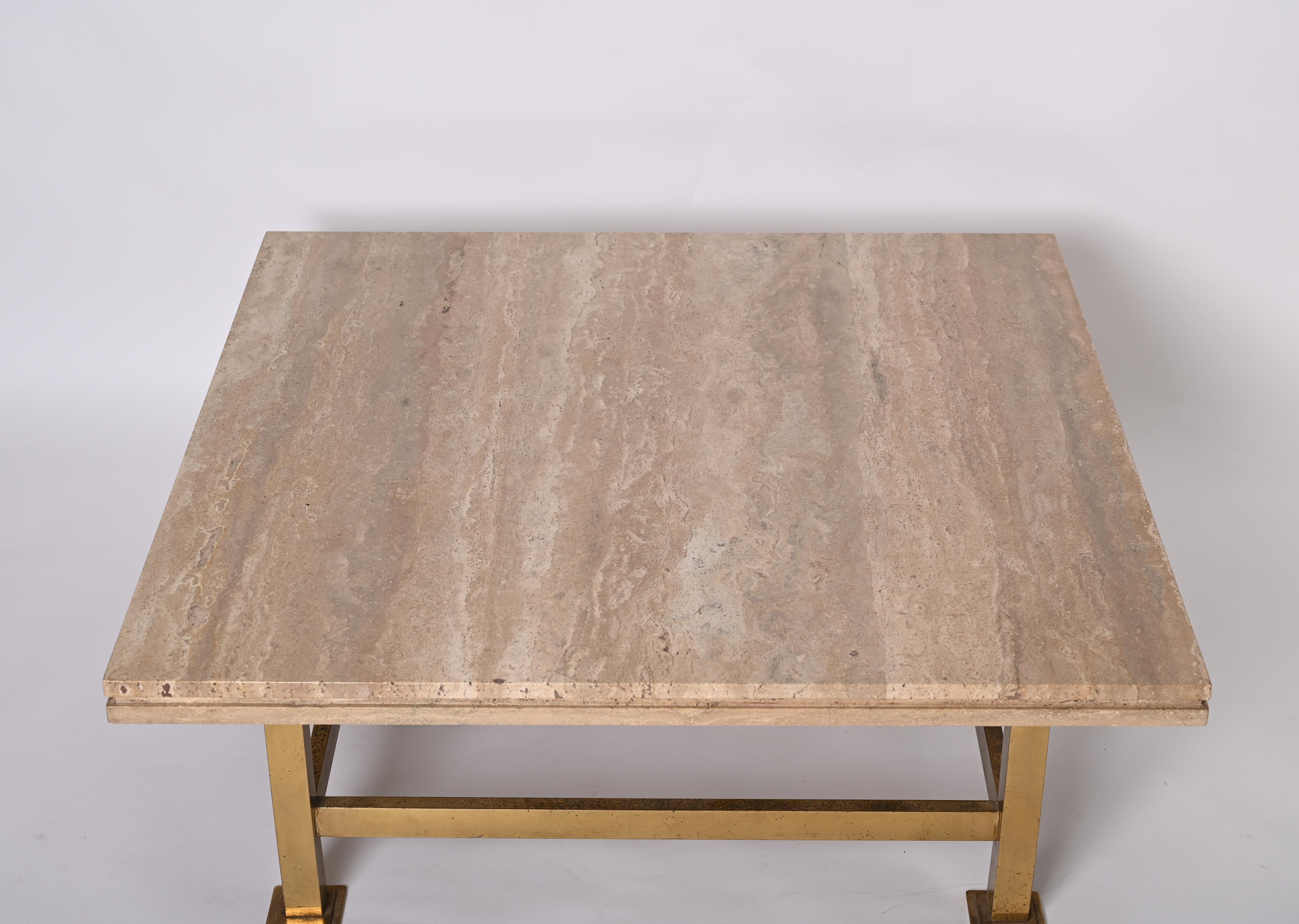 Willy Rizzo Italian Squared White Travertine Marble and Brass Coffee Table, 1970 6
