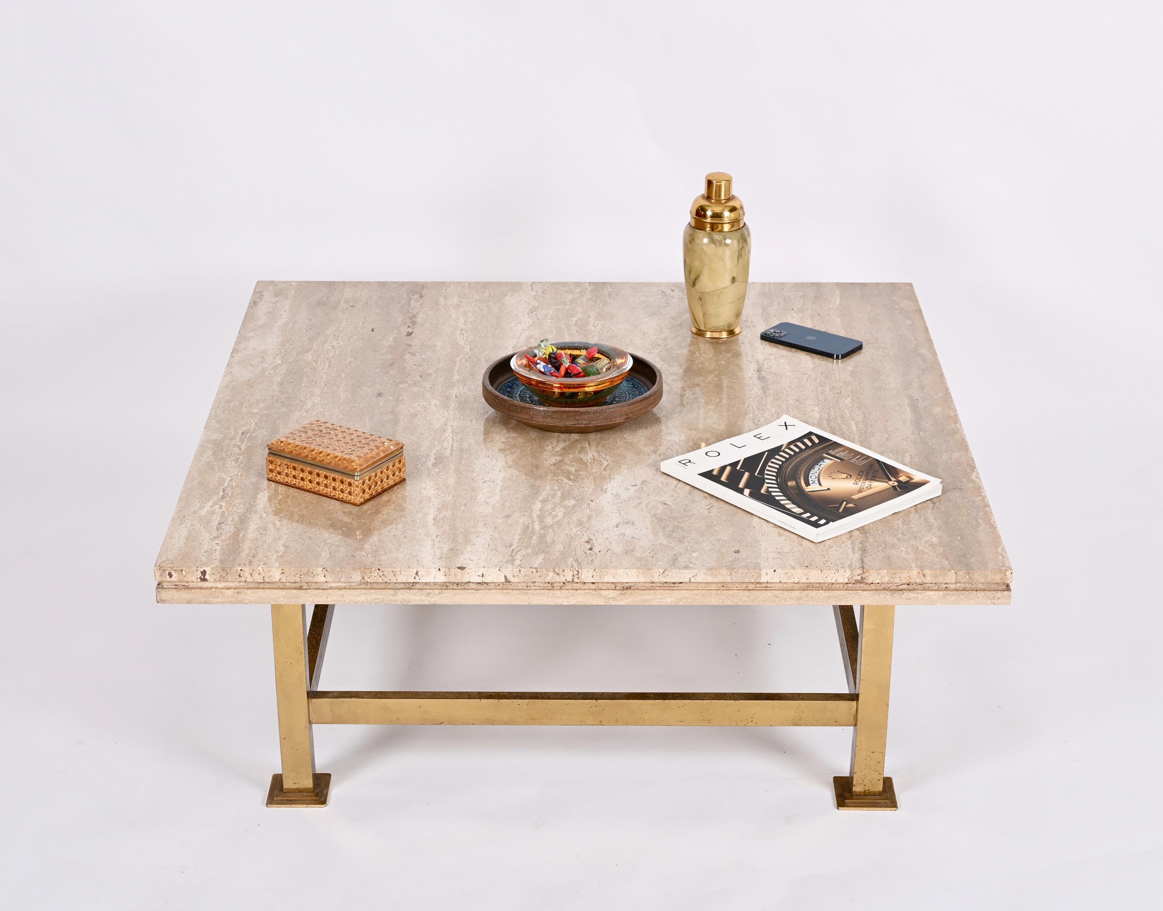 Willy Rizzo Italian Squared White Travertine Marble and Brass Coffee Table, 1970 8
