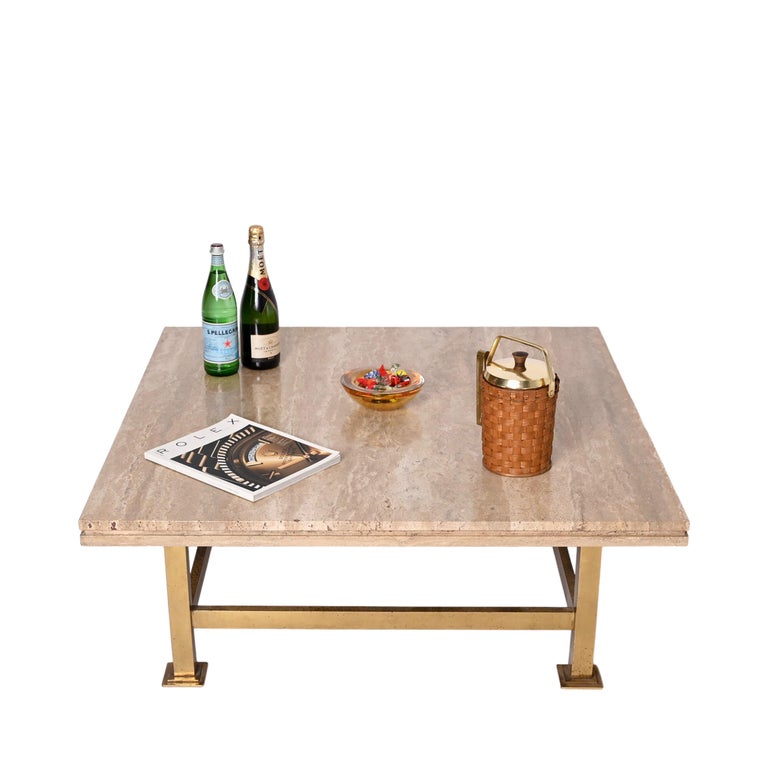 Willy Rizzo Italian Squared White Travertine Marble and Brass Coffee Table, 1970 For Sale 10