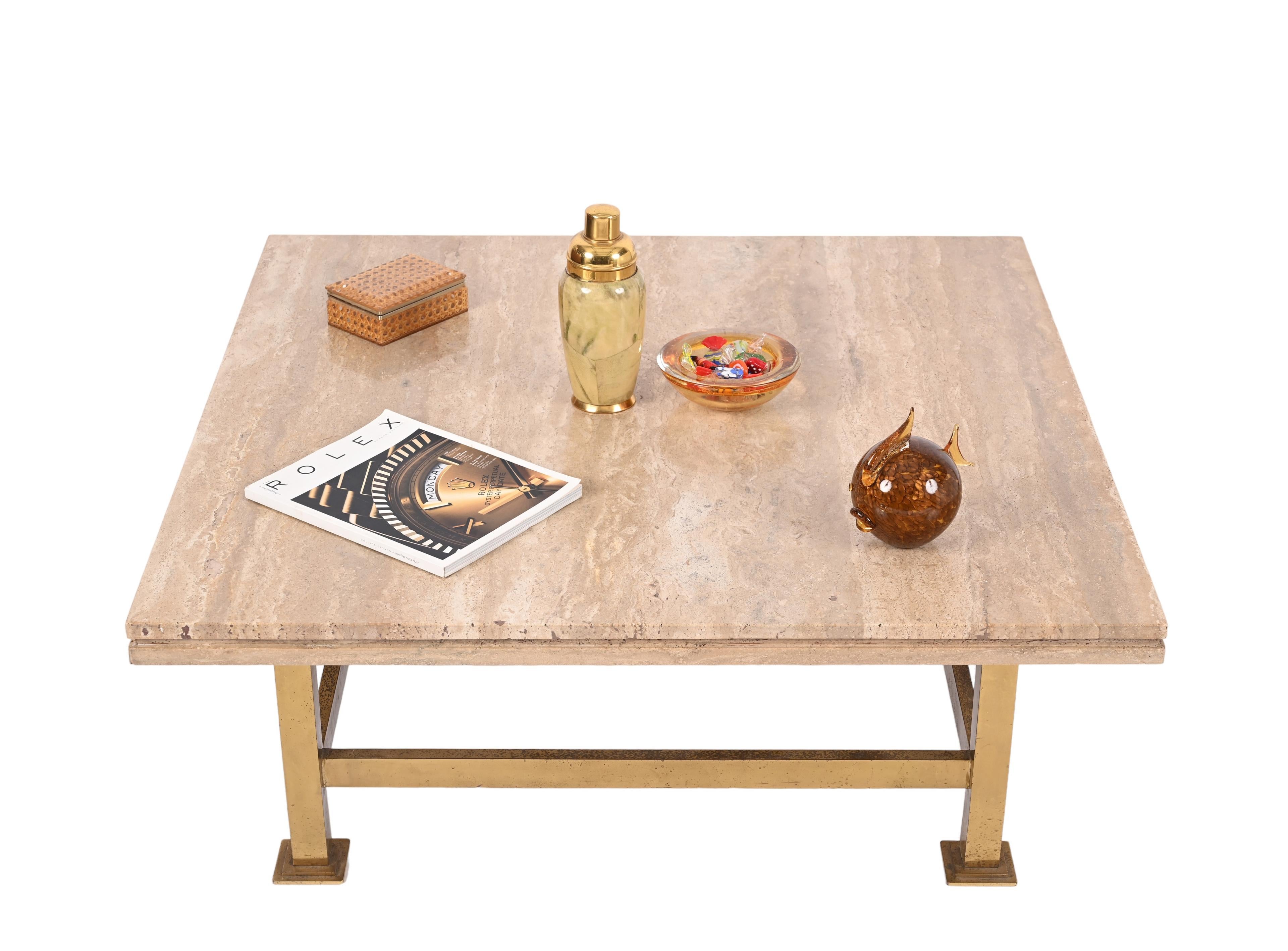 Willy Rizzo Italian Squared White Travertine Marble and Brass Coffee Table, 1970 11