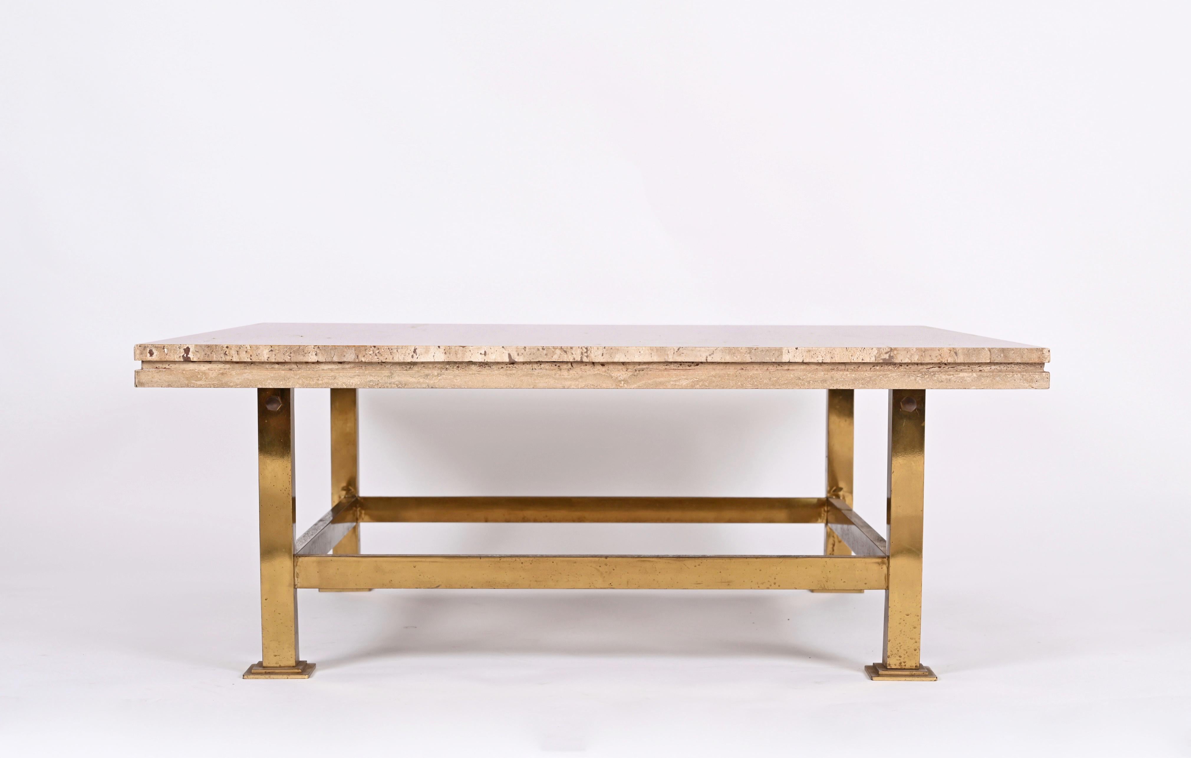 Mid-Century Modern Willy Rizzo Italian Squared White Travertine Marble and Brass Coffee Table, 1970
