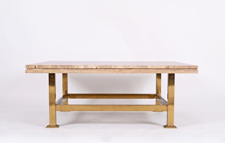 Mid-Century Modern Willy Rizzo Italian Squared White Travertine Marble and Brass Coffee Table, 1970 For Sale
