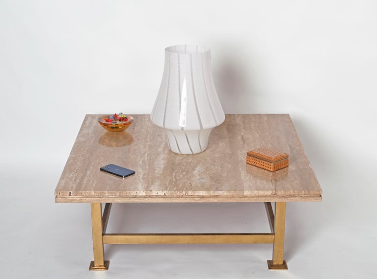 Willy Rizzo Italian Squared White Travertine Marble and Brass Coffee Table, 1970 In Good Condition For Sale In Roma, IT