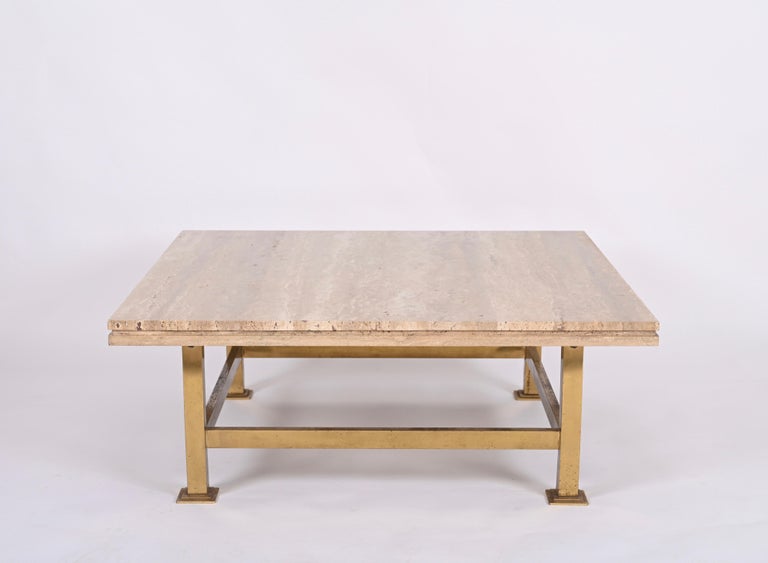 Late 20th Century Willy Rizzo Italian Squared White Travertine Marble and Brass Coffee Table, 1970 For Sale