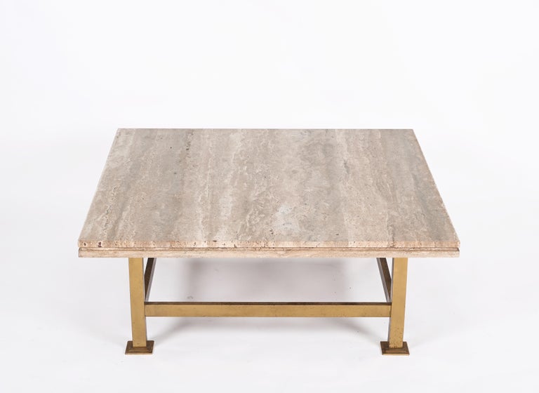 Willy Rizzo Italian Squared White Travertine Marble and Brass Coffee Table, 1970 For Sale 1