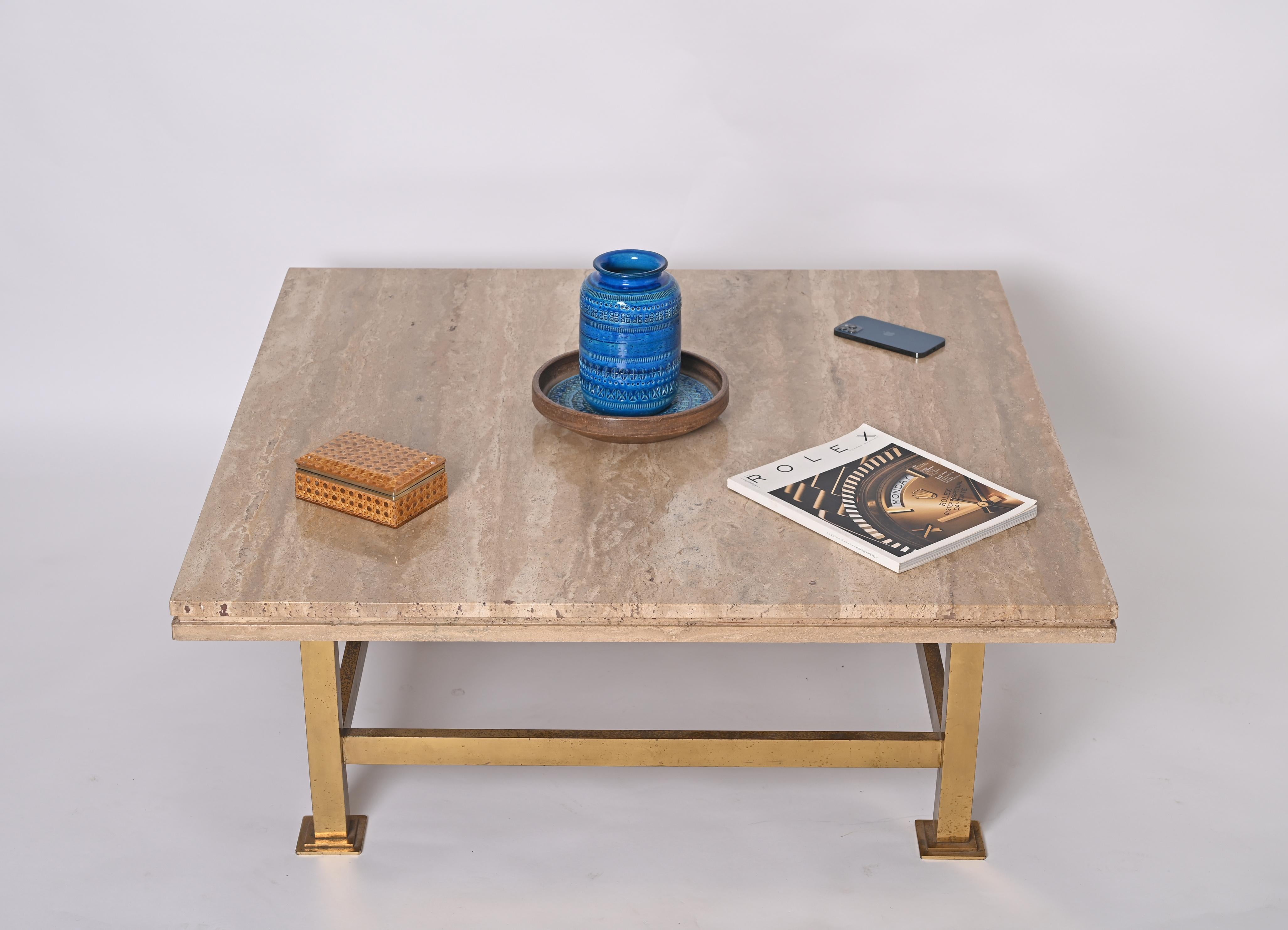 Willy Rizzo Italian Squared White Travertine Marble and Brass Coffee Table, 1970 2