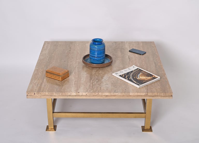 Willy Rizzo Italian Squared White Travertine Marble and Brass Coffee Table, 1970 For Sale 2
