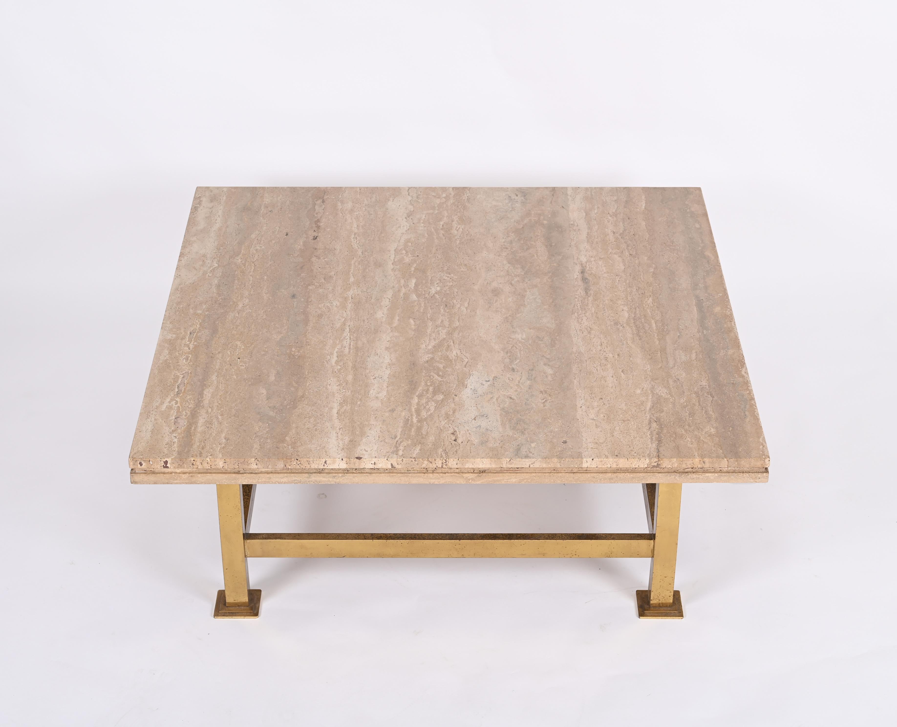 Willy Rizzo Italian Squared White Travertine Marble and Brass Coffee Table, 1970 3