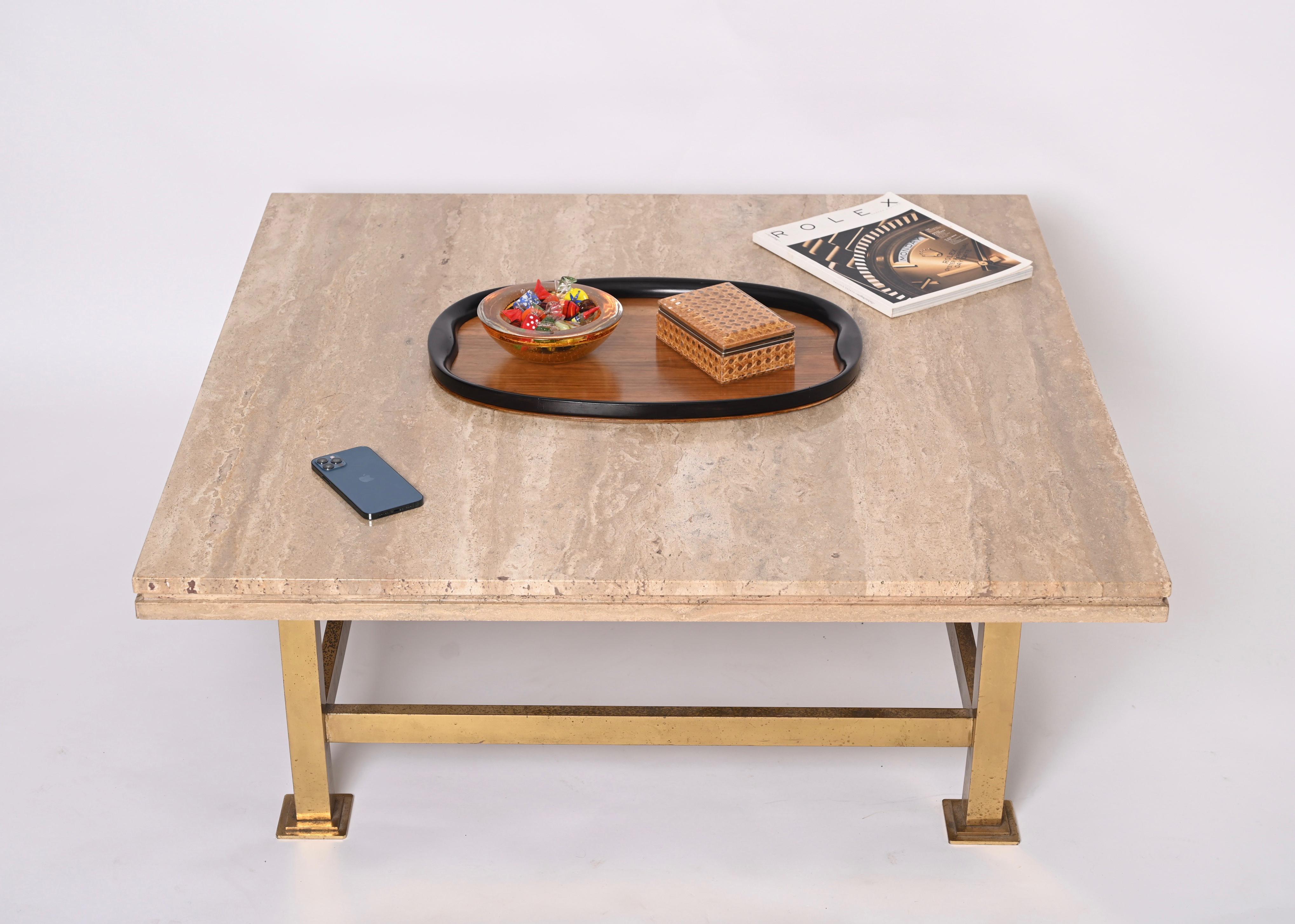 Willy Rizzo Italian Squared White Travertine Marble and Brass Coffee Table, 1970 4