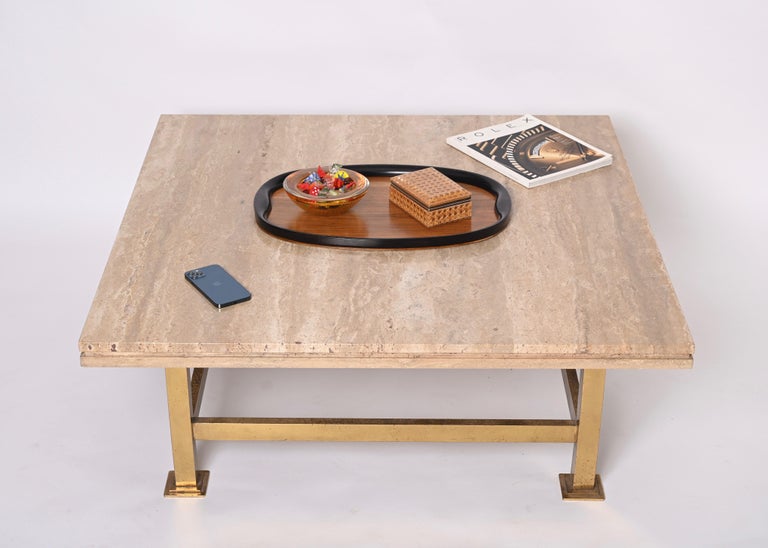 Willy Rizzo Italian Squared White Travertine Marble and Brass Coffee Table, 1970 For Sale 4