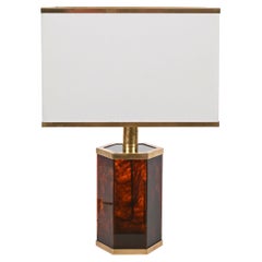 Willy Rizzo, Italian Table Lamp in Tortoiseshell Effect Lucite and Brass, 1970s