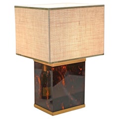 Lampada da tavolo italiana Willy Rizzo in lucite effetto tartaruga e ottone, anni '70