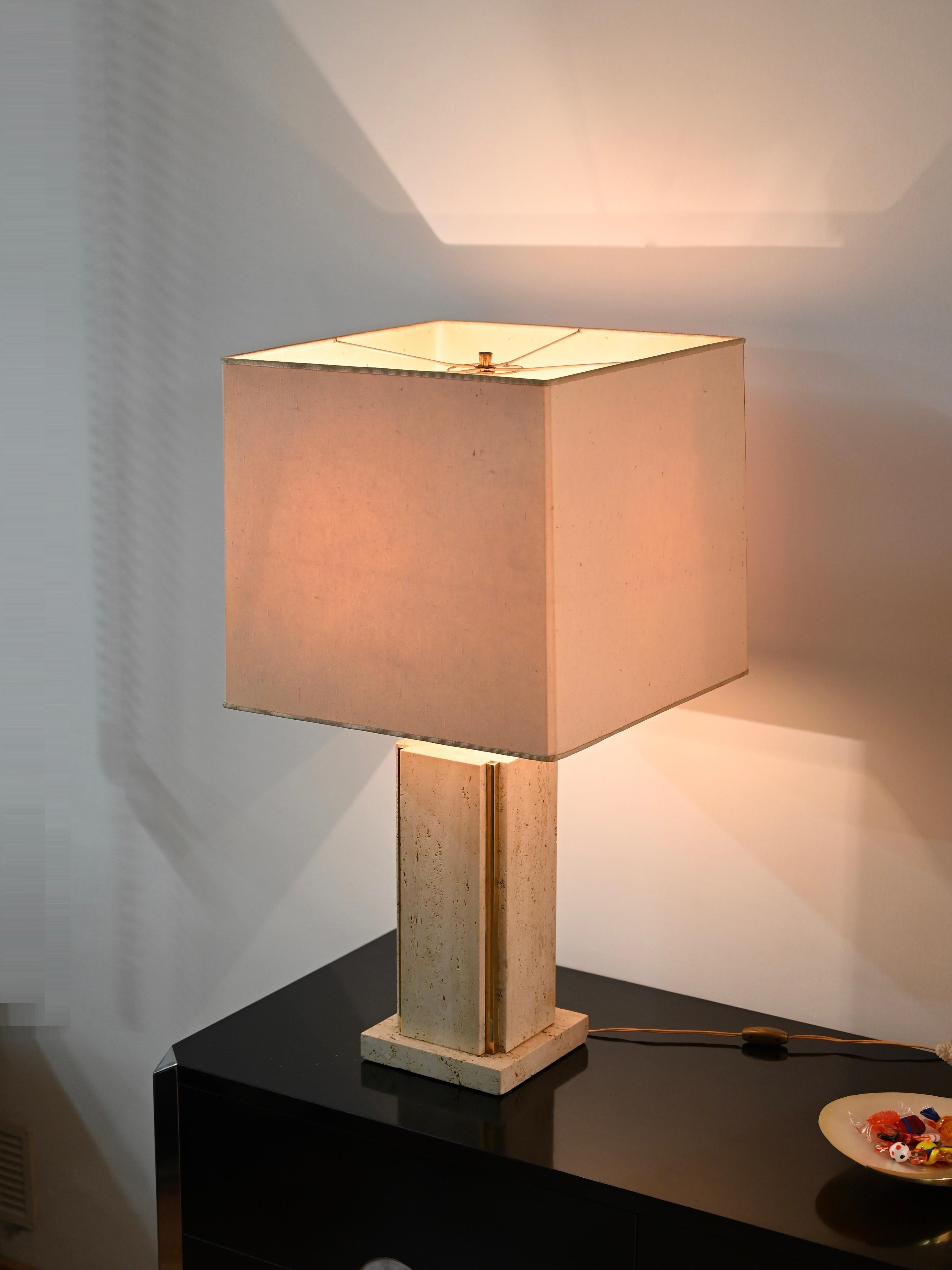 Lampes de table italiennes en travertin et laiton Willy Rizzo, 1970 en vente 1