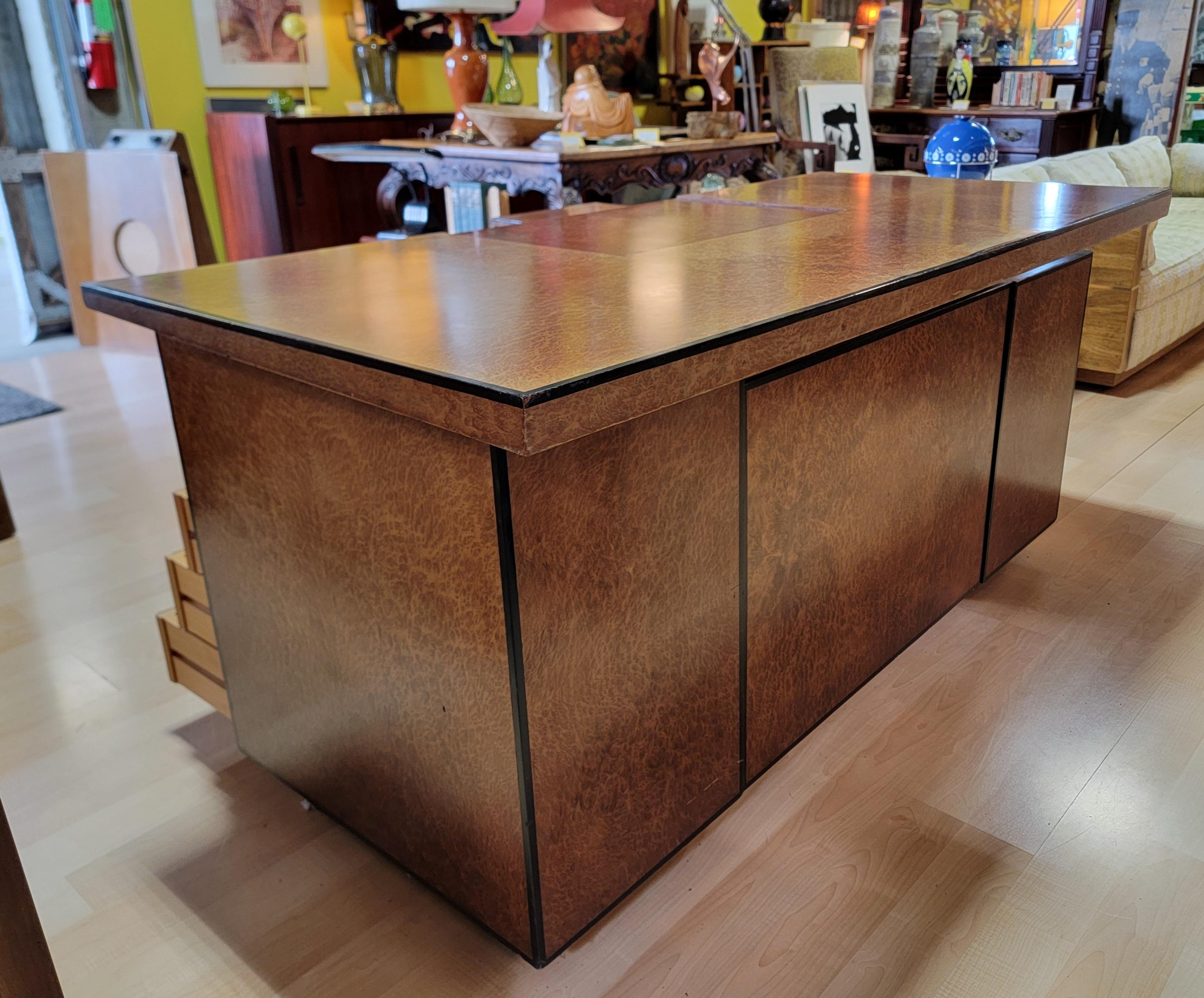 Mid-Century Modern Willy Rizzo L Shaped Burl Wood Executive Desk For Sale