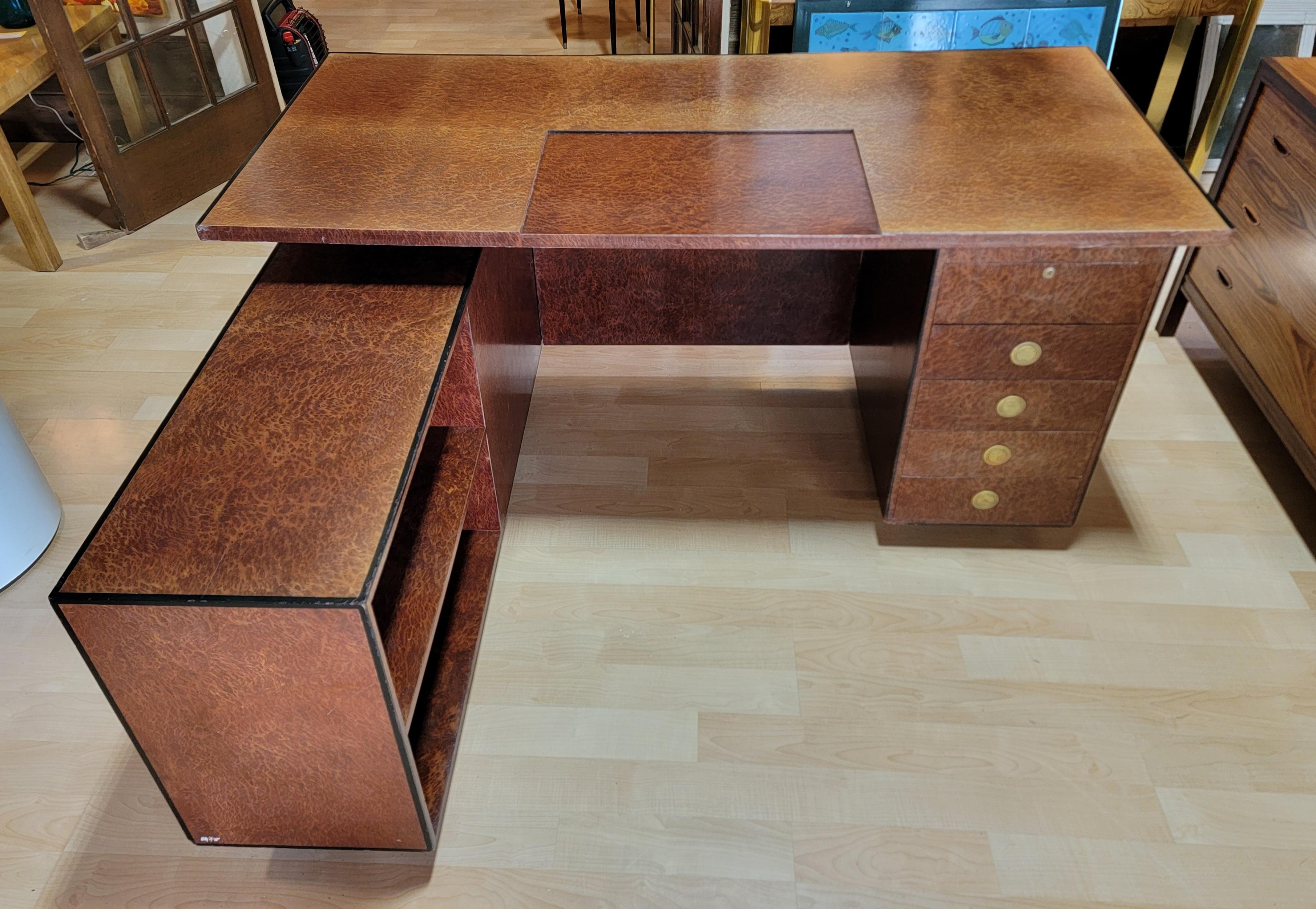 Willy Rizzo L Shaped Burl Wood Executive Desk In Fair Condition For Sale In Fulton, CA