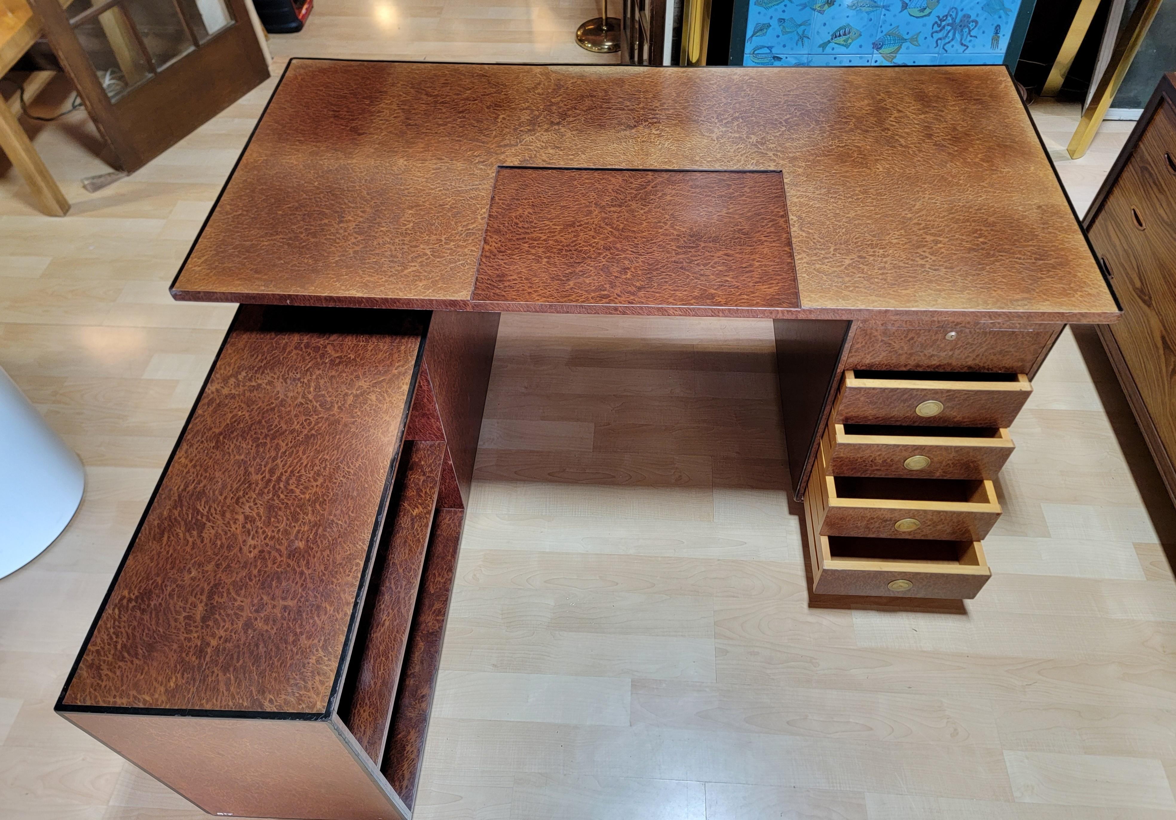 20th Century Willy Rizzo L Shaped Burl Wood Executive Desk For Sale
